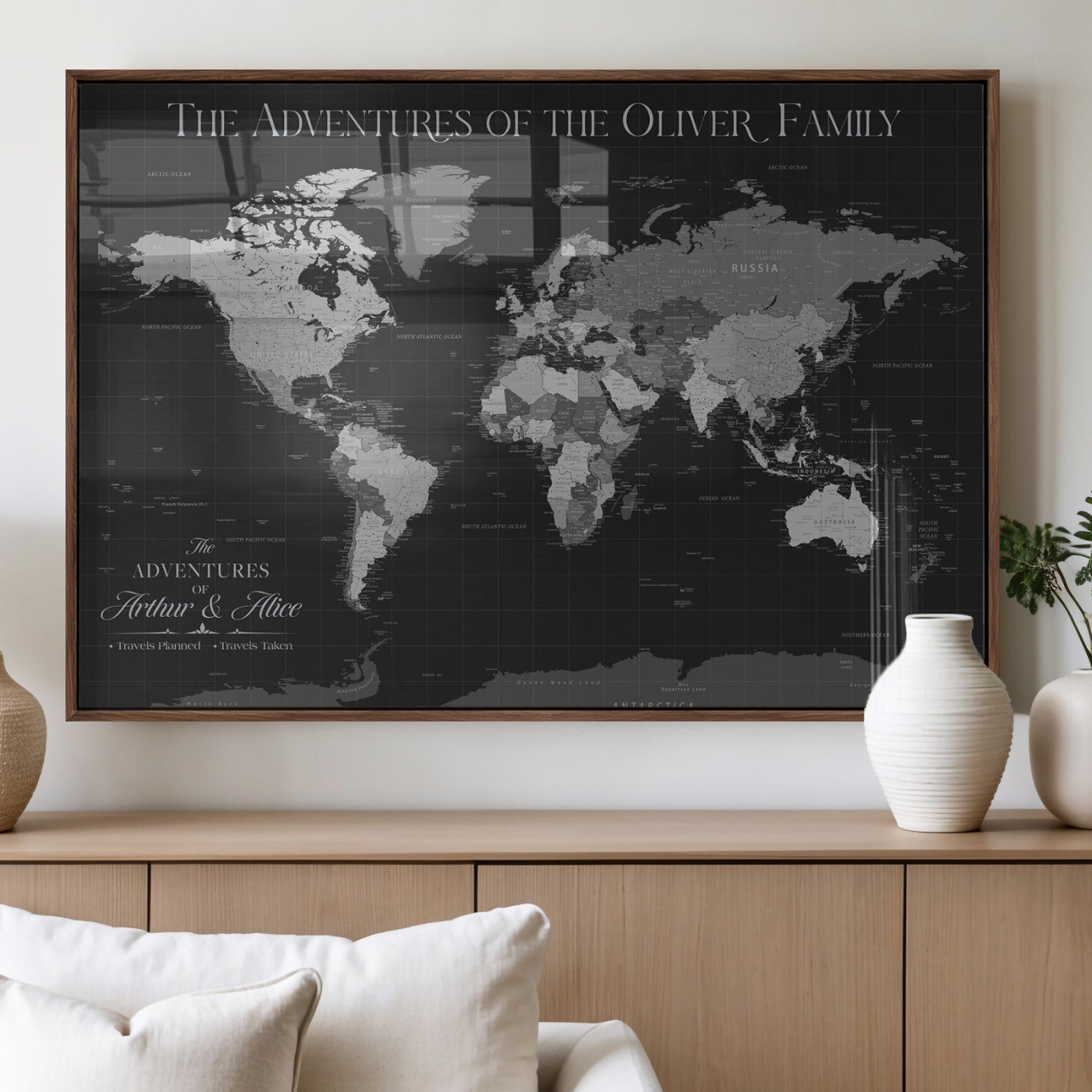 46064114-MGV-FP-36X24-3P_Walnut-Personalized World Map Wall Art – Black & Grey Adventure Travel Map with Custom Family or Couple Names, Modern Wall Decor for Home