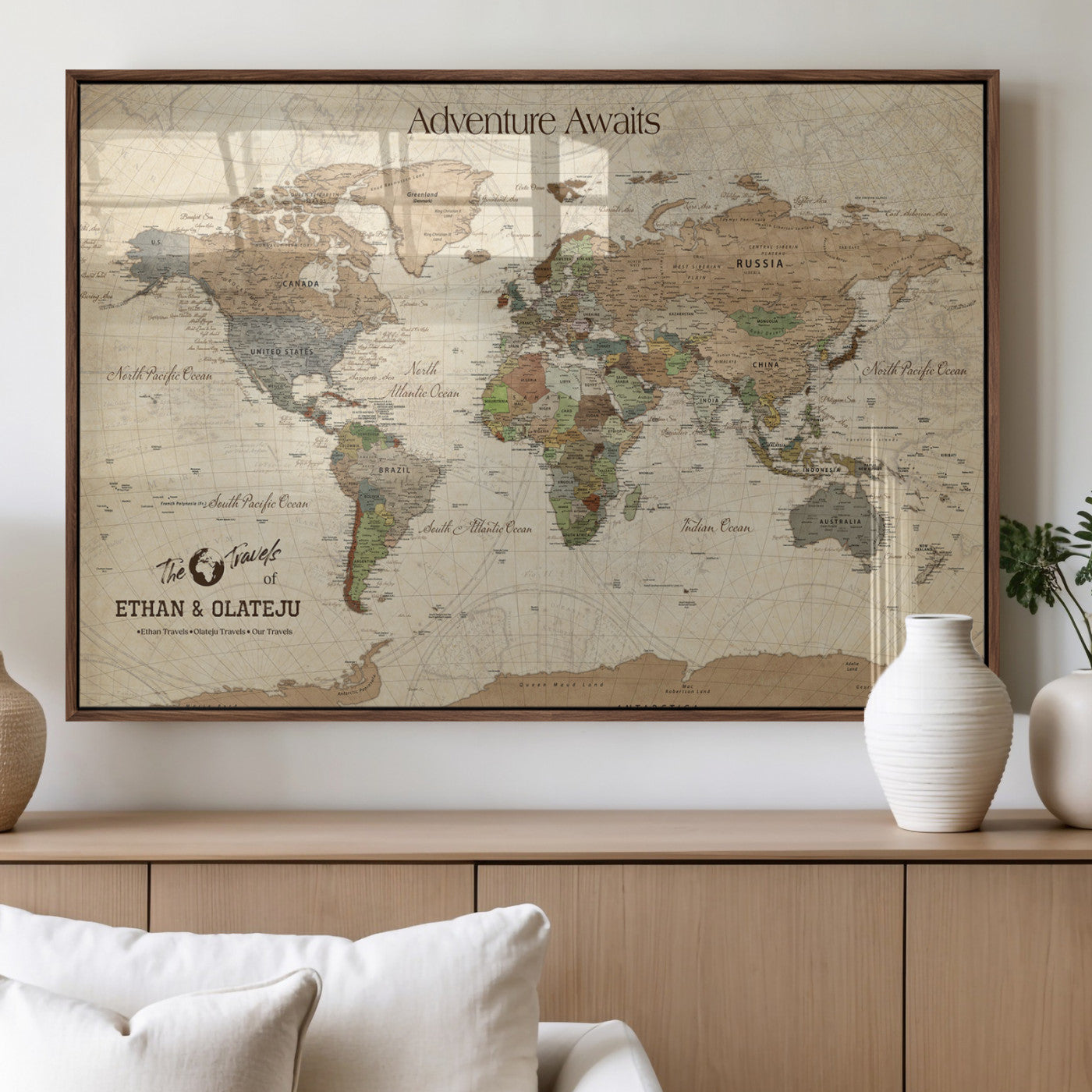 62766900-MGV-FP-36X24-3P_Walnut-Personalized World Map Wall Art – Antique Parchment Adventure Travel Map with Custom Couple Names, Rustic Wall Decor for Home,
