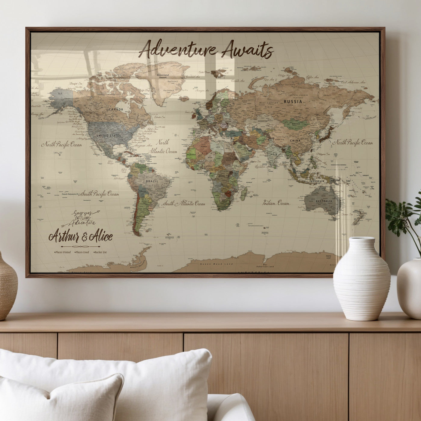 53442996-MGV-FP-36X24-3P_Walnut-Personalized World Map Wall Art – Adventure Awaits Vintage Travel Map with Custom Couple Names, Rustic Wall Decor for Home,