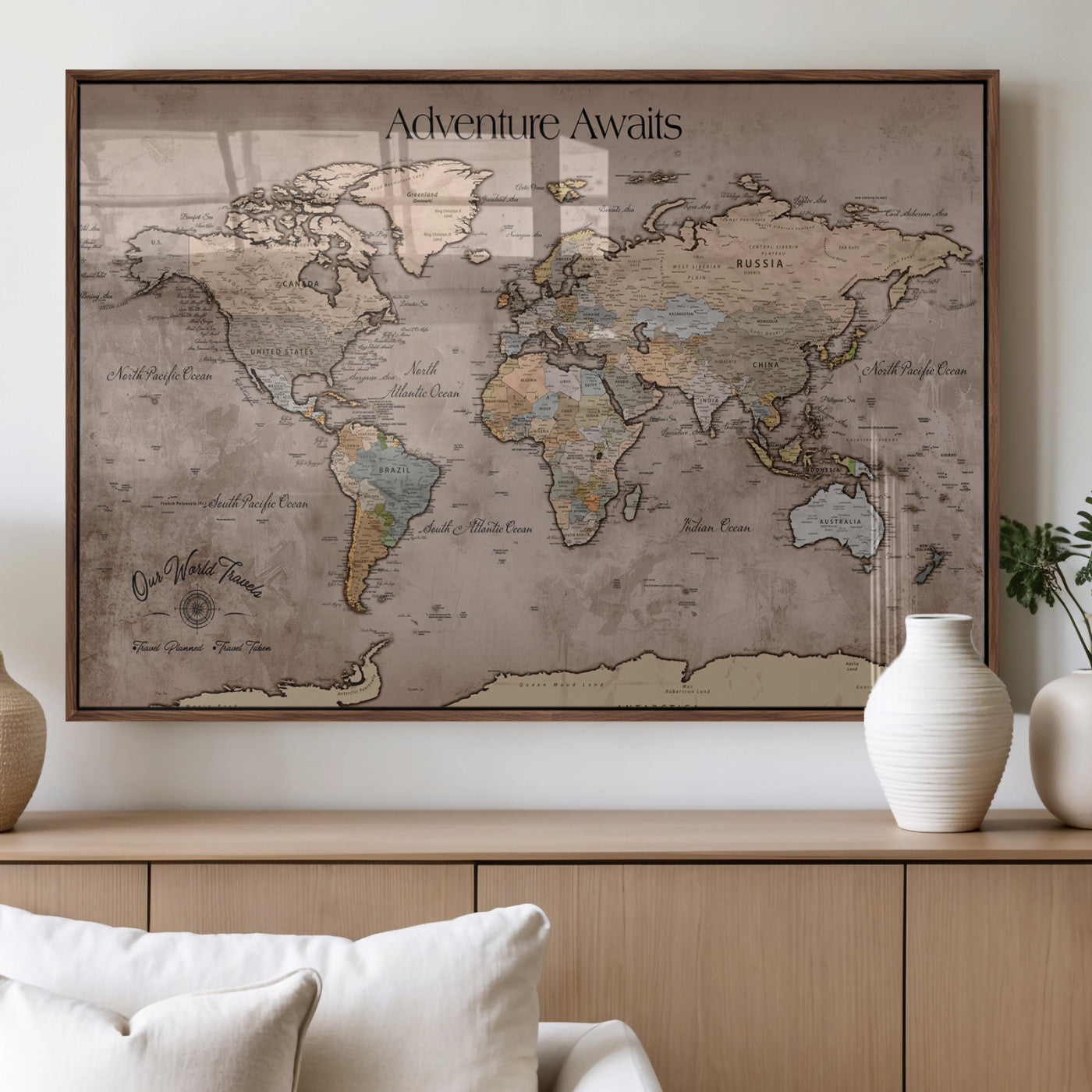 93226713-MGV-FP-36X24-3P_Walnut-Personalized World Map Wall Art – Adventure Awaits Rustic Earth-Tone Travel Map with Custom Names, Vintage Wall Decor for Couples,