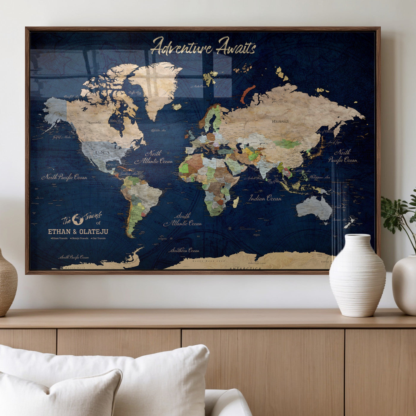80965072-MGV-FP-36X24-3P_Walnut-Personalized World Map Wall Art – Adventure Awaits Navy Blue Travel Map with Custom Names, Rustic Vintage Wall Decor for Couples,