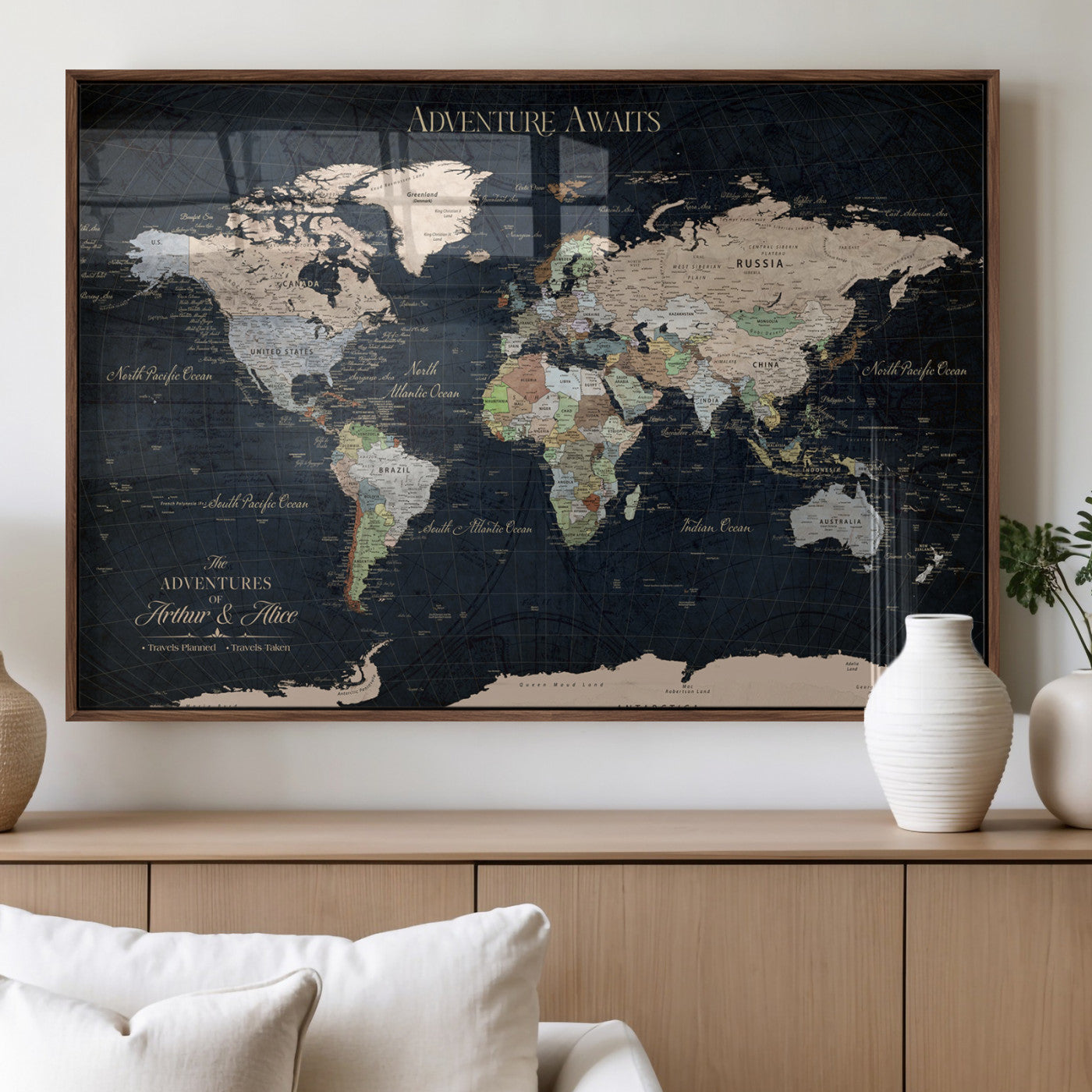 15547583-MGV-FP-36X24-3P_Walnut-Personalized World Map Wall Art – Rustic Navy Adventure Awaits Travel Map with Custom Couple Names, Vintage Wall Decor for Home or