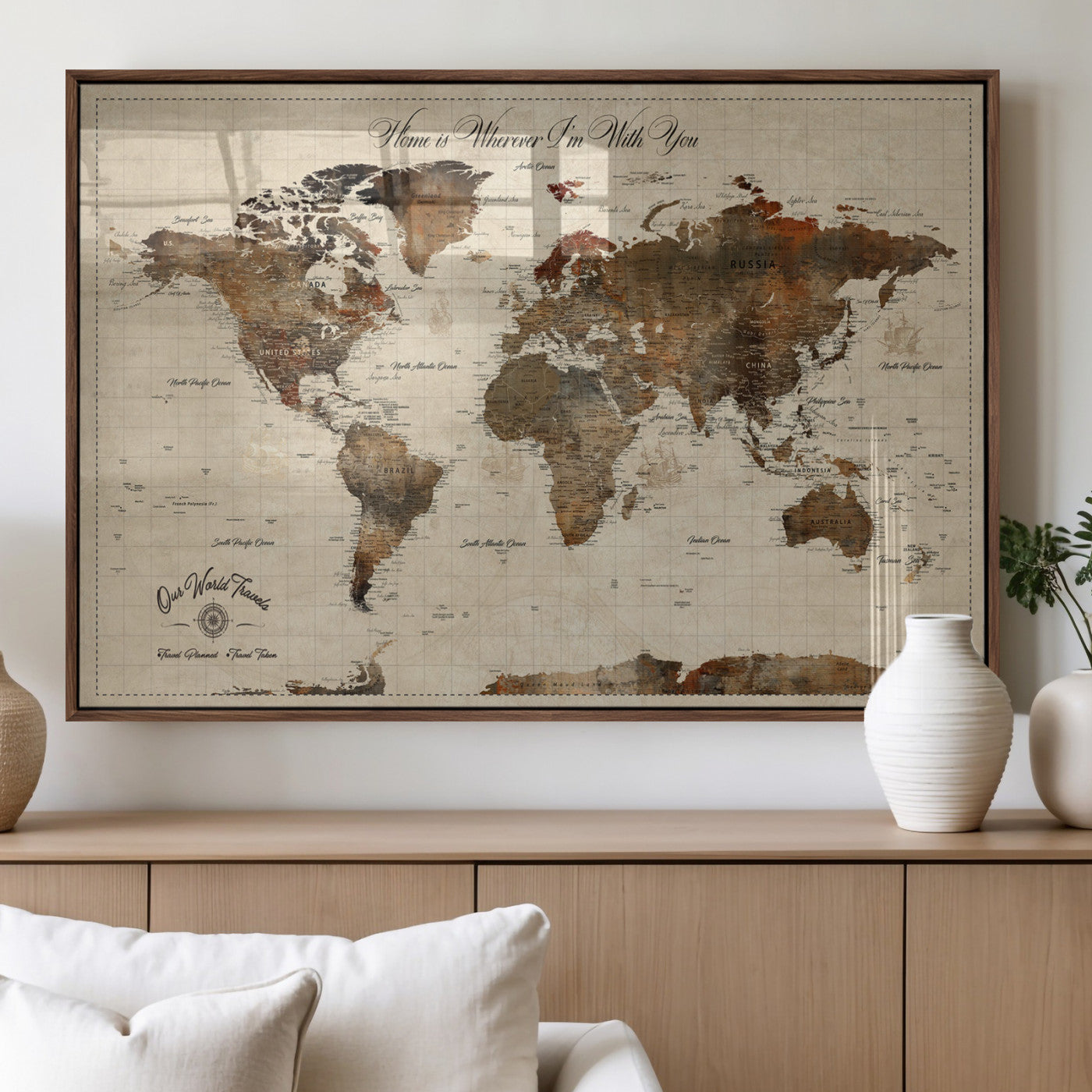 48225643-MGV-FP-36X24-3P_Walnut-Personalized World Map Wall Art – Rustic Vintage Adventure Travel Map with Custom Couple Names, Romantic Wall Decor for Home or