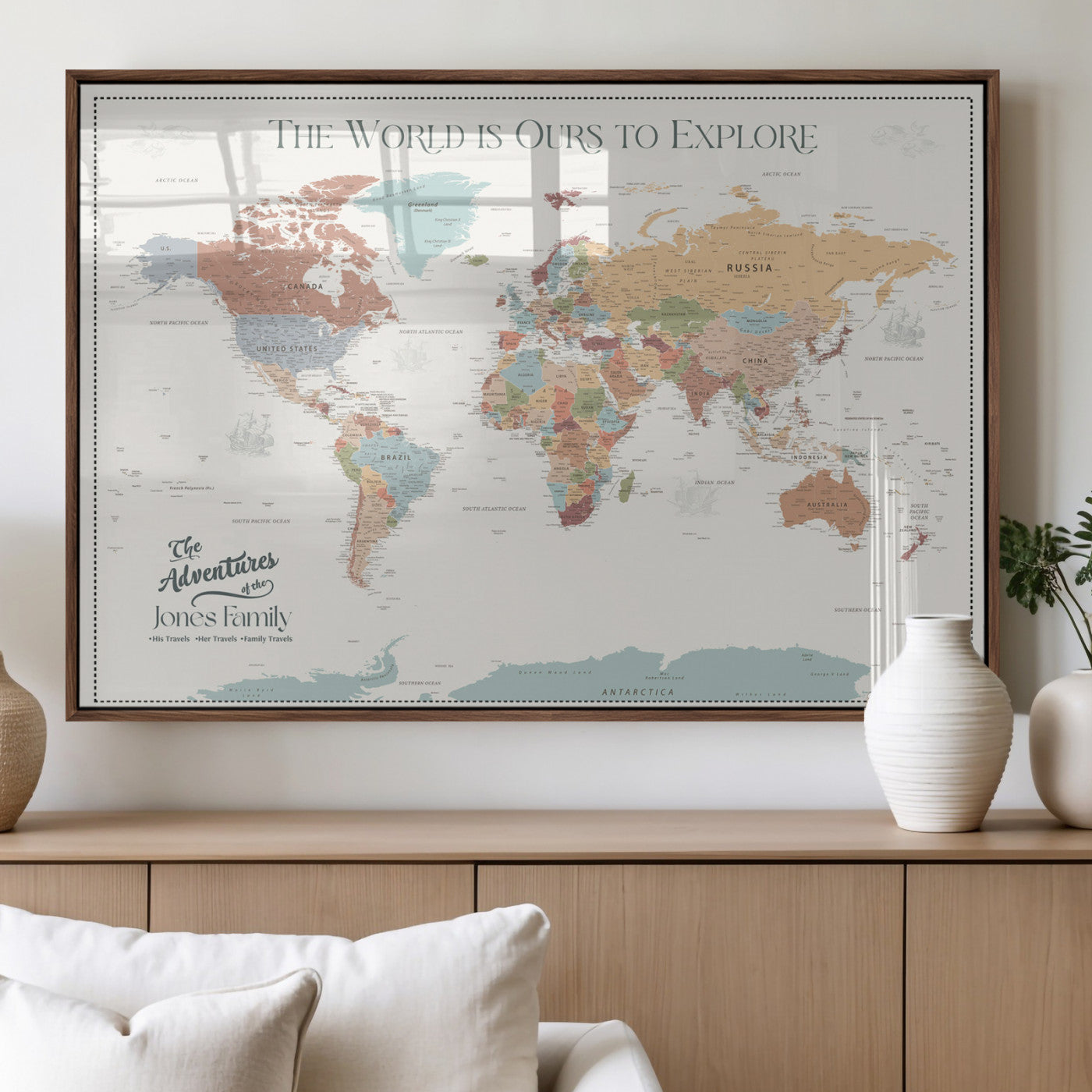 69180591-MGV-FP-36X24-3P_Walnut-Personalized World Map Wall Art – Rustic Vintage Adventure Travel Map with Custom Family Names, Unique Wall Decor for Couples,