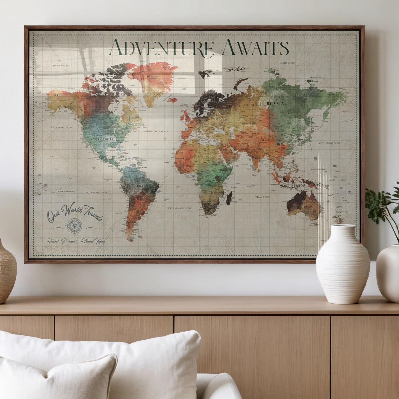 24737989-MGV-FP-36X24-3P_Walnut-Personalized World Map Wall Art – Colorful Vintage Adventure Travel Map with Custom Names, Unique Wall Decor for Couples,