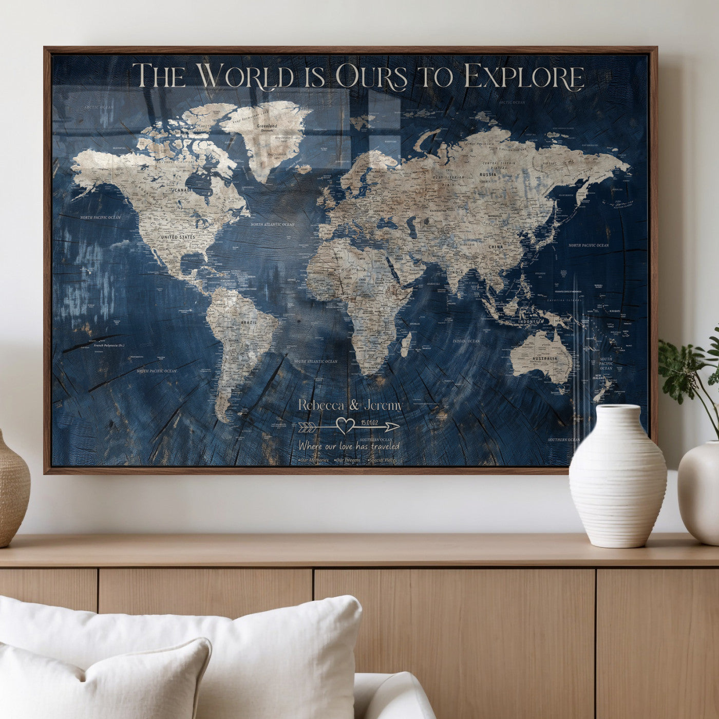 16933330-MGV-FP-36X24-3P_Walnut-Personalized World Map Wall Art – Navy Blue Vintage Travel Map with Custom Names, Anniversary Gift for Couples Romantic Adventure