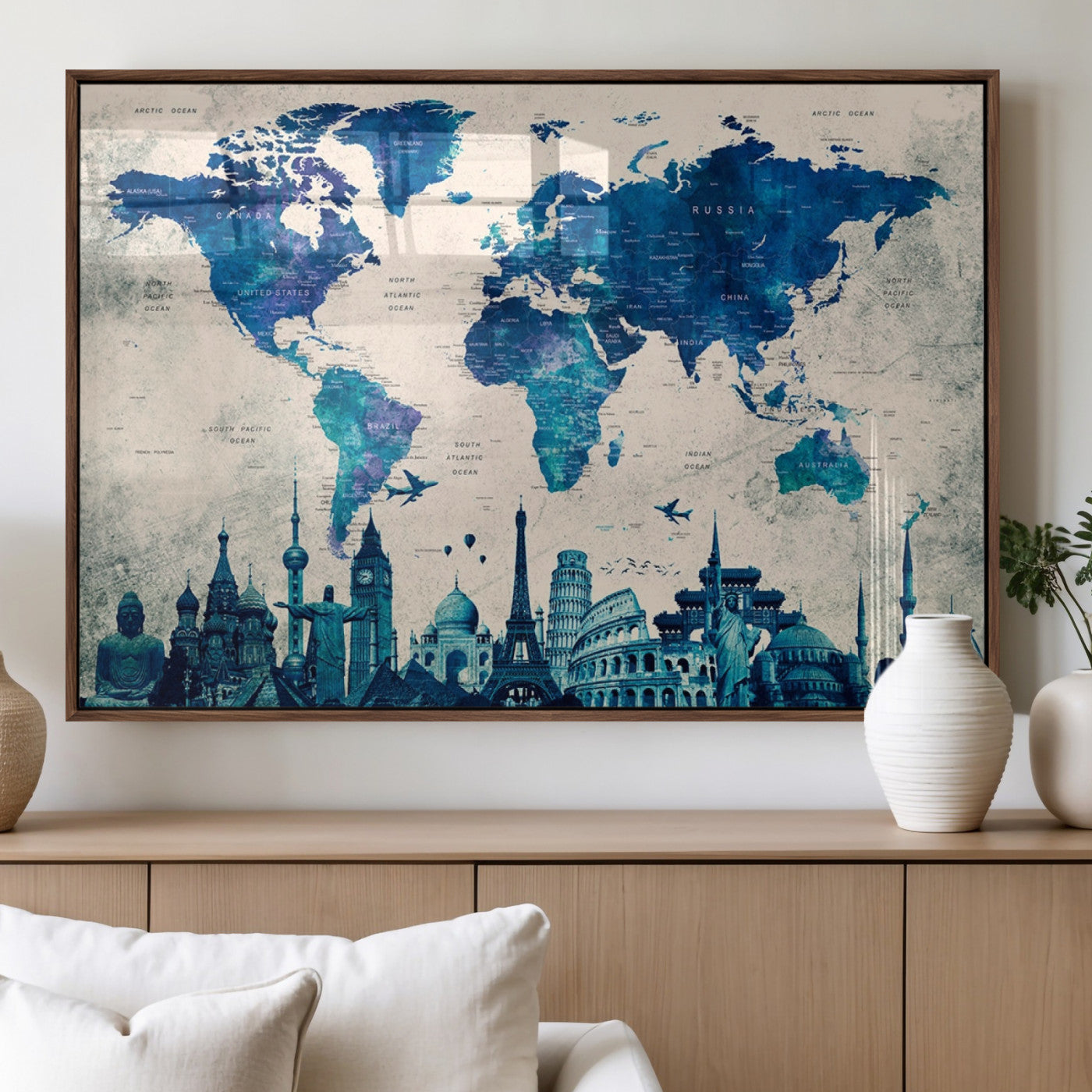 MGV-FP-36X24-3P - Blue World Map Wall Art Canvas Print, Framed Iconic Landmarks Art Picture Print, Blue Globe Map Perfect Elegant Explorer Decor Artwork