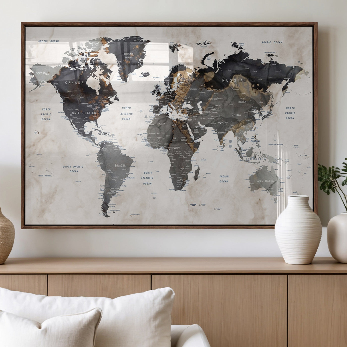MGV-FP-36X24-3P - World Map Wall Art Canvas Print, Framed Rustic Map Art Picture Print, Antique Map Perfect Rustic Explorer Decor Artwork