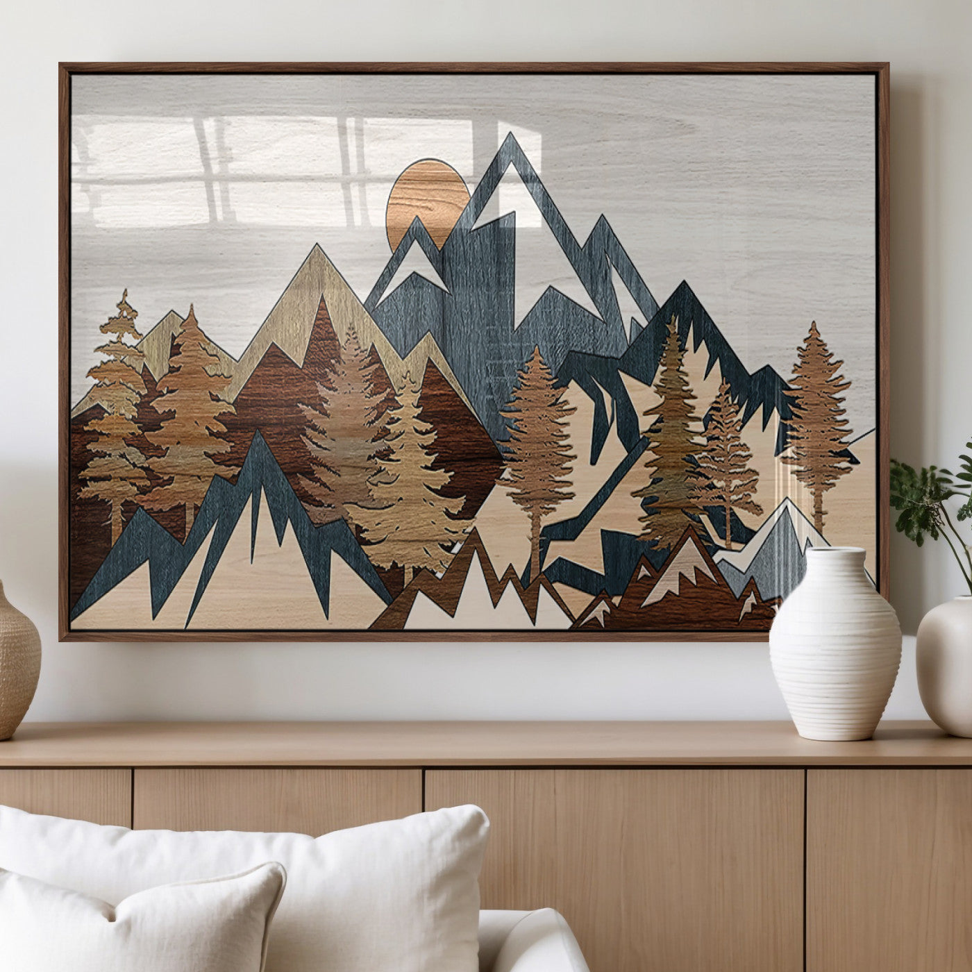 80300-MGV-FP-36X24-3P_Walnut-Geometric Mountains Wall Art Canvas Print, Framed Stylized Trees Art Picture Print, Graphic Forest Perfect Rustic Abstract Decor