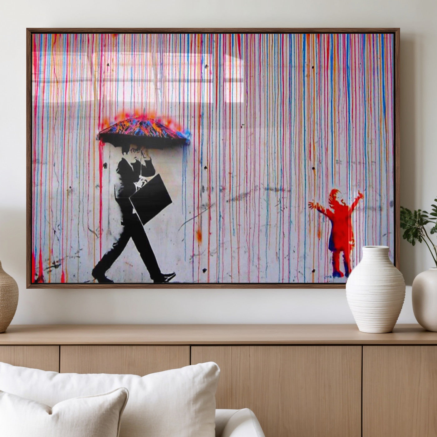 69505-MGV-FP-36X24-3P_Walnut-Graffiti Girl Wall Art Canvas Print, Framed Urban Contrast Art Picture Print, Vibrant Graffiti Perfect Urban Pop Decor Artwork