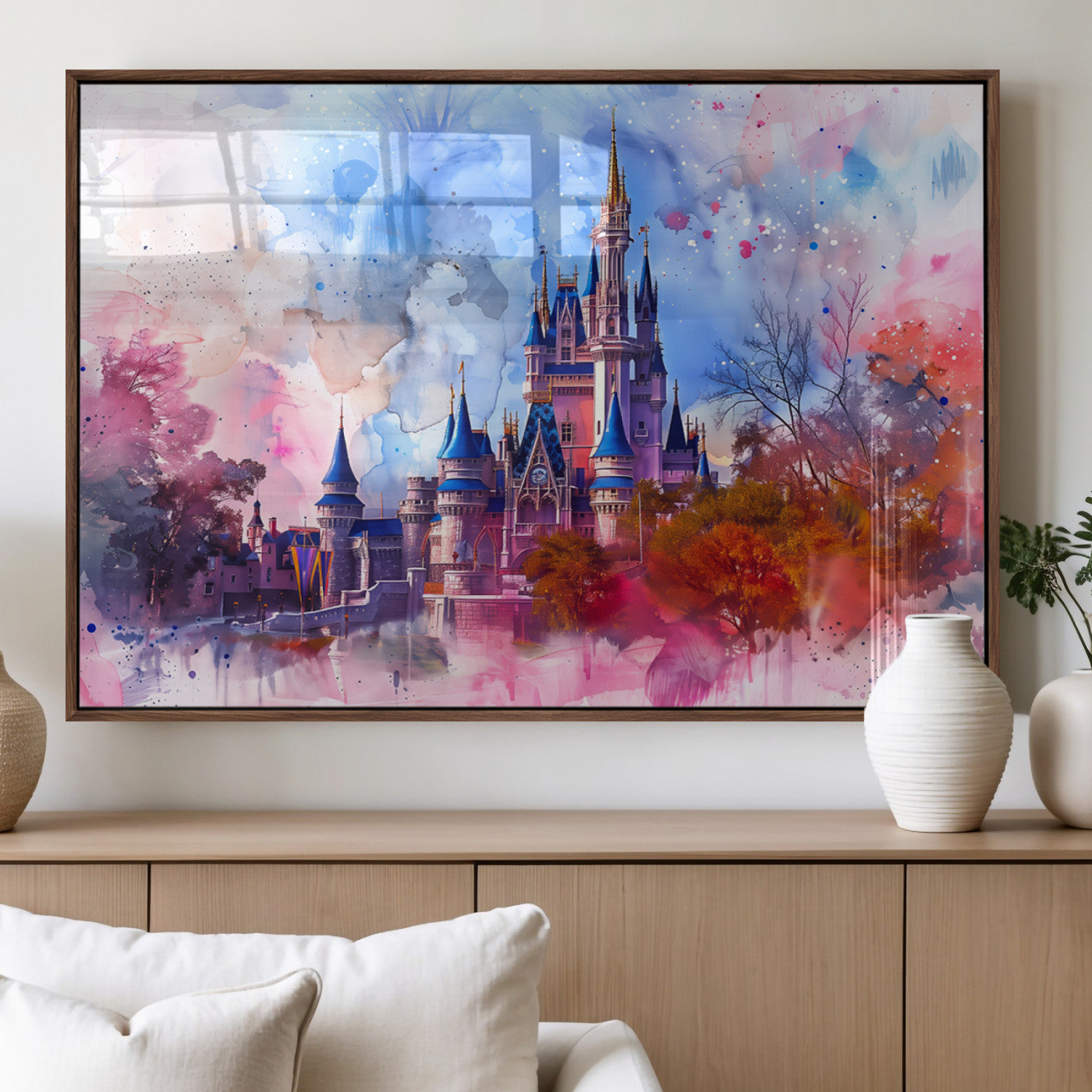 15129-MGV-FP-60X30-3P_Walnut-Disney Castle Wall Art Canvas Print, Framed Cinderella Palace Art Picture Print, Fantasy Kingdom Perfect Whimsical Fairytale Decor