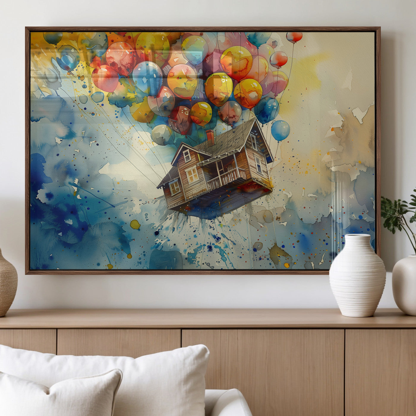 56436-MGV-FP-60X30-3P_Walnut-Flying House Wall Art Canvas Print, Framed Watercolor UP Art Picture Print, UP House Perfect Whimsical Fantasy Decor Artwork