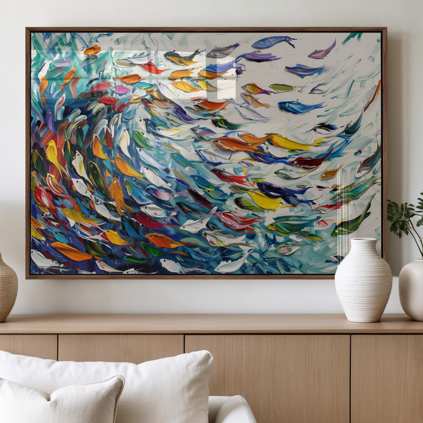 80105-MGV-FP-60X30-3P_Walnut-Watercolor Fish Wall Art Canvas Print, Framed Vibrant Swirl Art Picture Print, Fish Swarm Perfect Vibrant Coastal Decor Artwork
