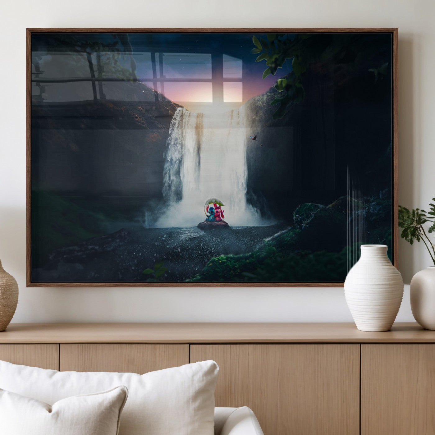 56359-MGV-FP-36X24-3P_Walnut-Lilo Stitch Wall Art Canvas Print, Framed Stitch Angel Art Picture Print, Cartoon Waterfall Perfect Tropical Fantasy Decor Artwork