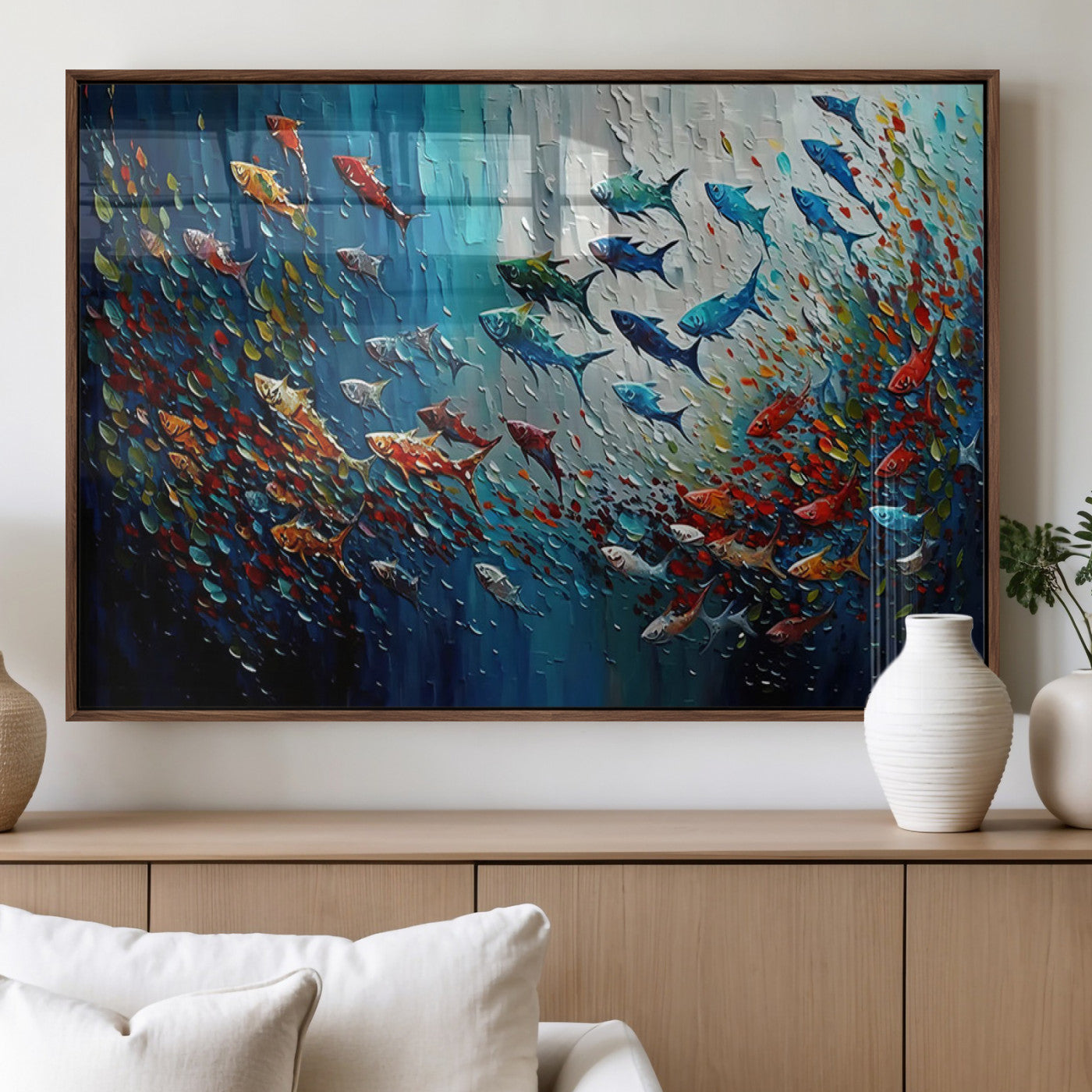 89626-MGV-FP-36X24-3P_Walnut-Fish Swarm Wall Art Canvas Print, Framed Abstract Ocean Art Picture Print, Underwater Life Perfect Vibrant Coastal Decor Artwork