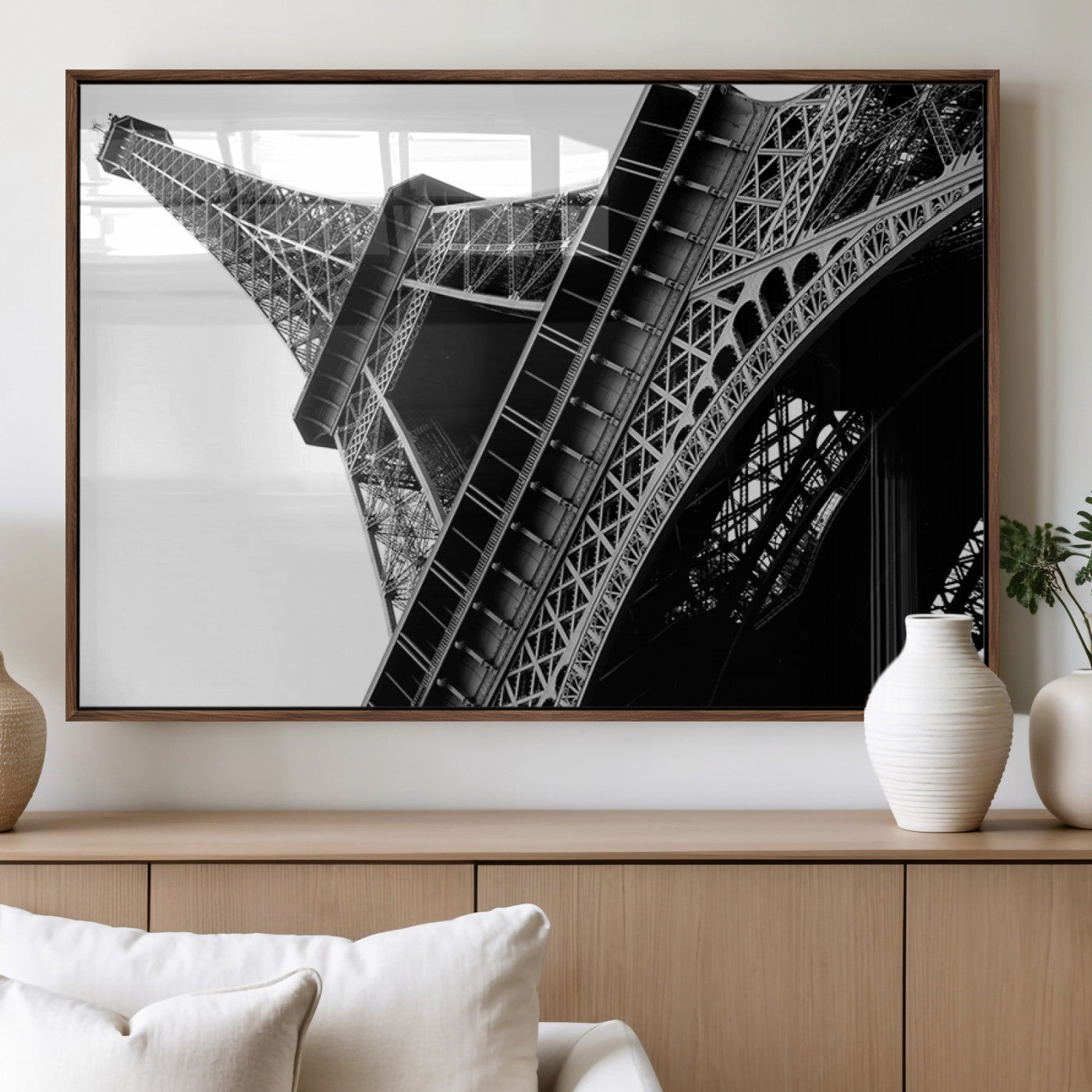 89033-MGV-FP-36X24-3P_Walnut-Eiffel Tower Wall Art – Dramatic Black and White Architectural Canvas Print, Modern Paris Decor for Office, Living Room or