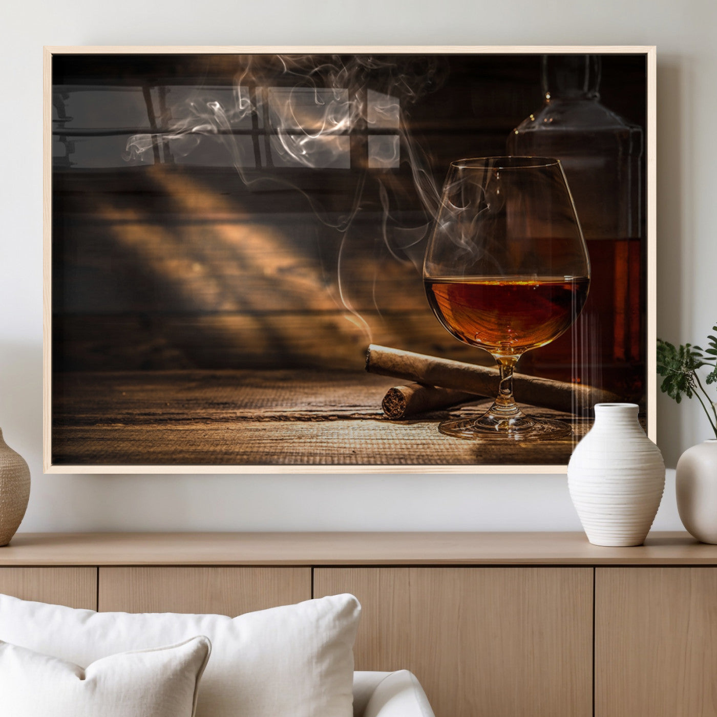 92305-MGV-FP-36X24-3P_Natural-Whiskey & Cigar Wall Art – Moody Whiskey and Cigar Canvas Print, Sophisticated Bar or Home Lounge Decor for Office, Man Cave or
