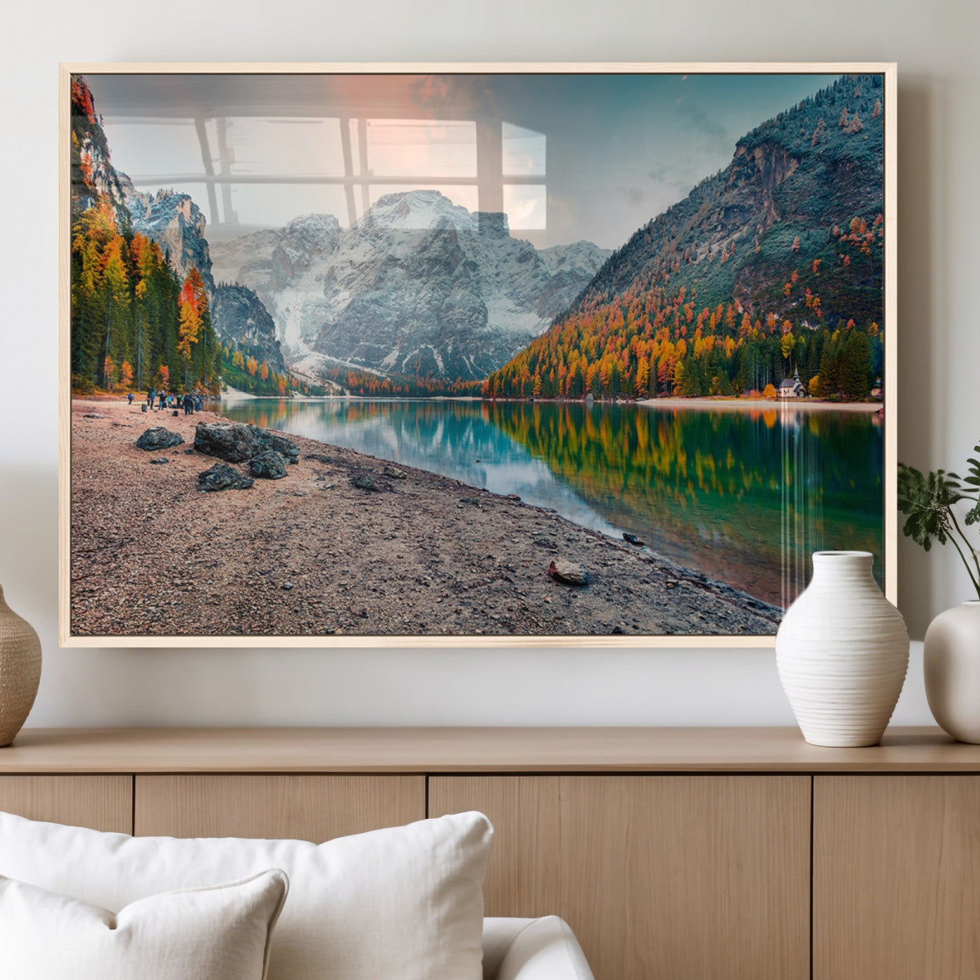 25982-MGV-FP-36X24-3P_Natural-Autumn Mountain Lake Wall Art – Panoramic Fall Foliage and Snowy Peaks Canvas Print, Scenic Nature Decor for Living Room or Office