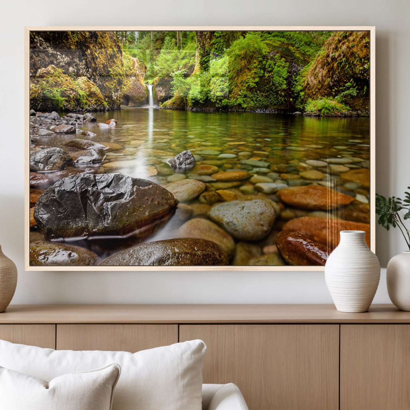 98096-MGV-FP-36X24-3P_Natural-Serene River Waterfall Nature Photo – Calm Clear Water, Vibrant Green Forest and Smooth Stones Landscape Wall Art for Home or