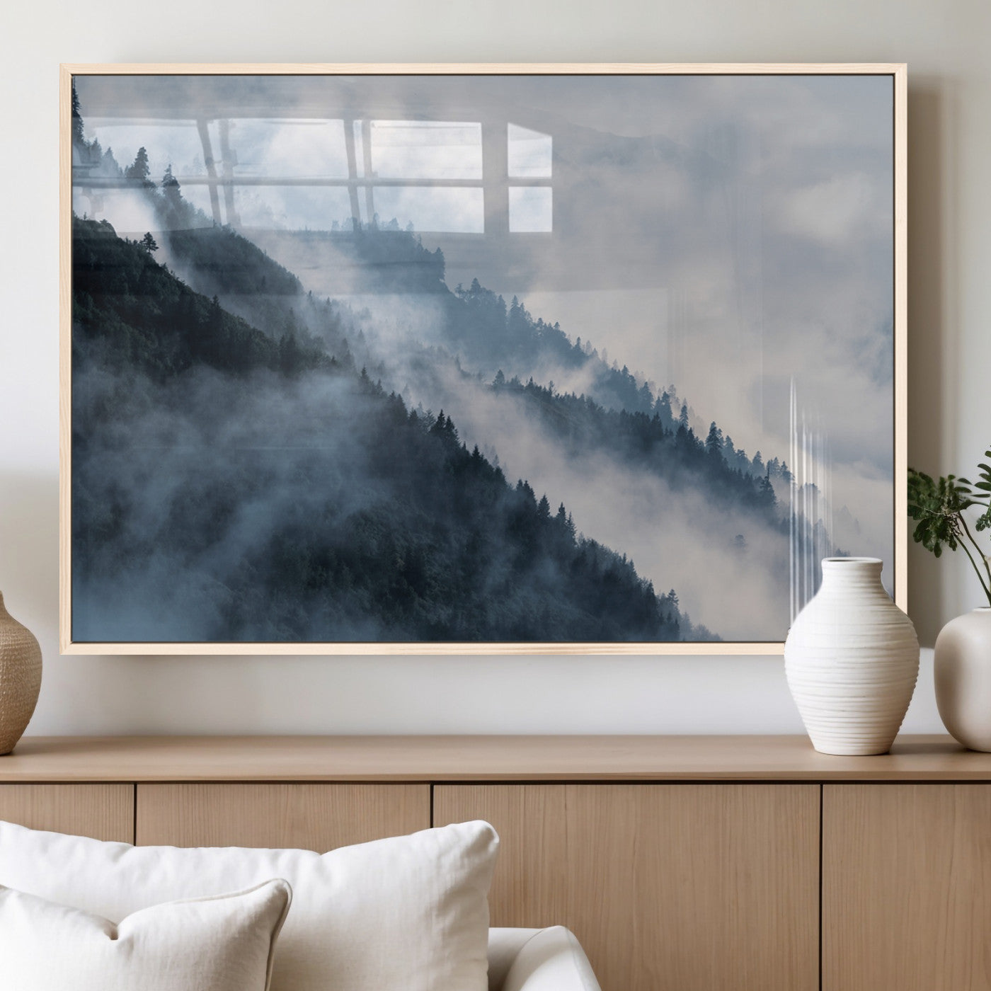85737-MGV-FP-36X24-3P_Natural-Misty Mountain Wall Art – Atmospheric Pine Forest Canvas Print with Fog and Mist, Calm Nature Decor for Living Room, Bedroom,