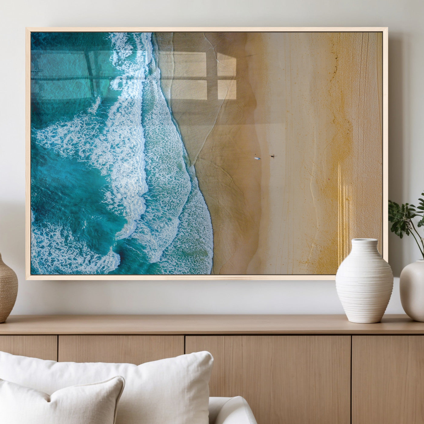 46640-MGV-FP-36X24-3P_Natural-Aerial Beach Wall Art – Turquoise Waves and Golden Sand Canvas Print with Lone Surfer, Coastal Ocean Decor for Living Room,