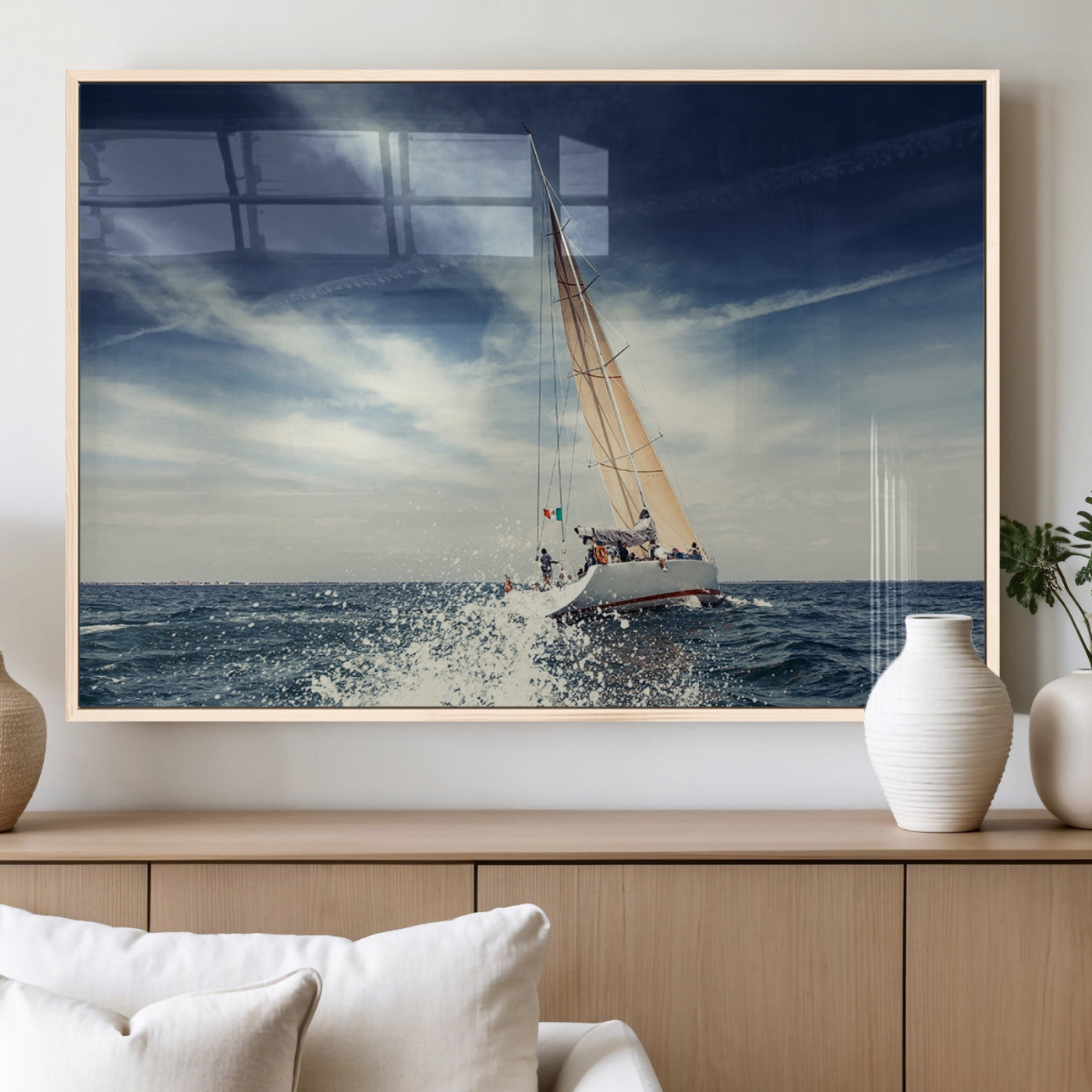 75430-MGV-FP-36X24-3P_Natural-Sailing Boat Wall Art – Dynamic Ocean Yacht Canvas Print, Nautical Decor for Living Room, Office, Beach House or Cabin