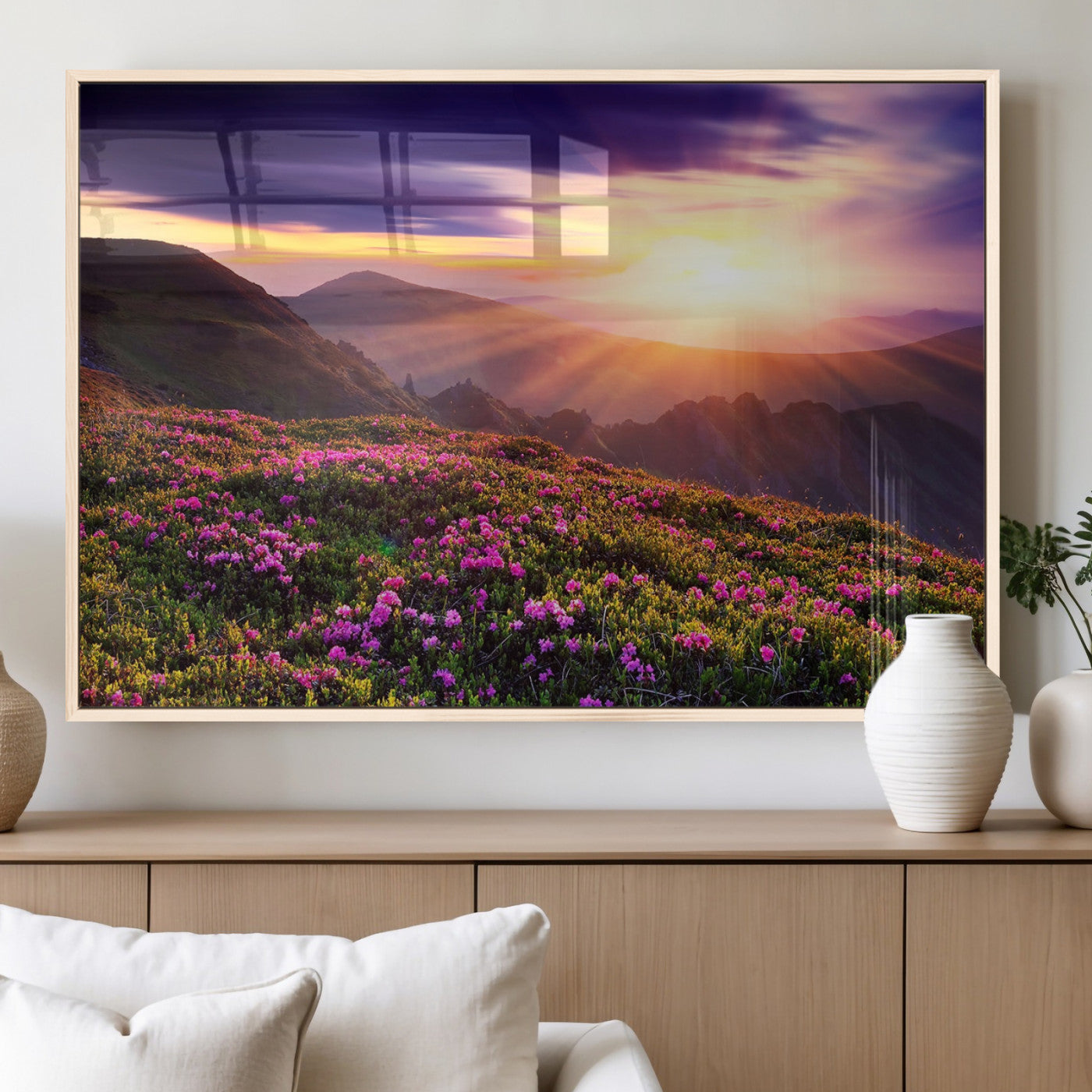 49741-MGV-FP-36X24-3P_Natural-Mountain Sunrise Wall Art – Vibrant Floral Landscape Canvas Print, Nature Home Decor for Living Room, Bedroom Office or Cabin