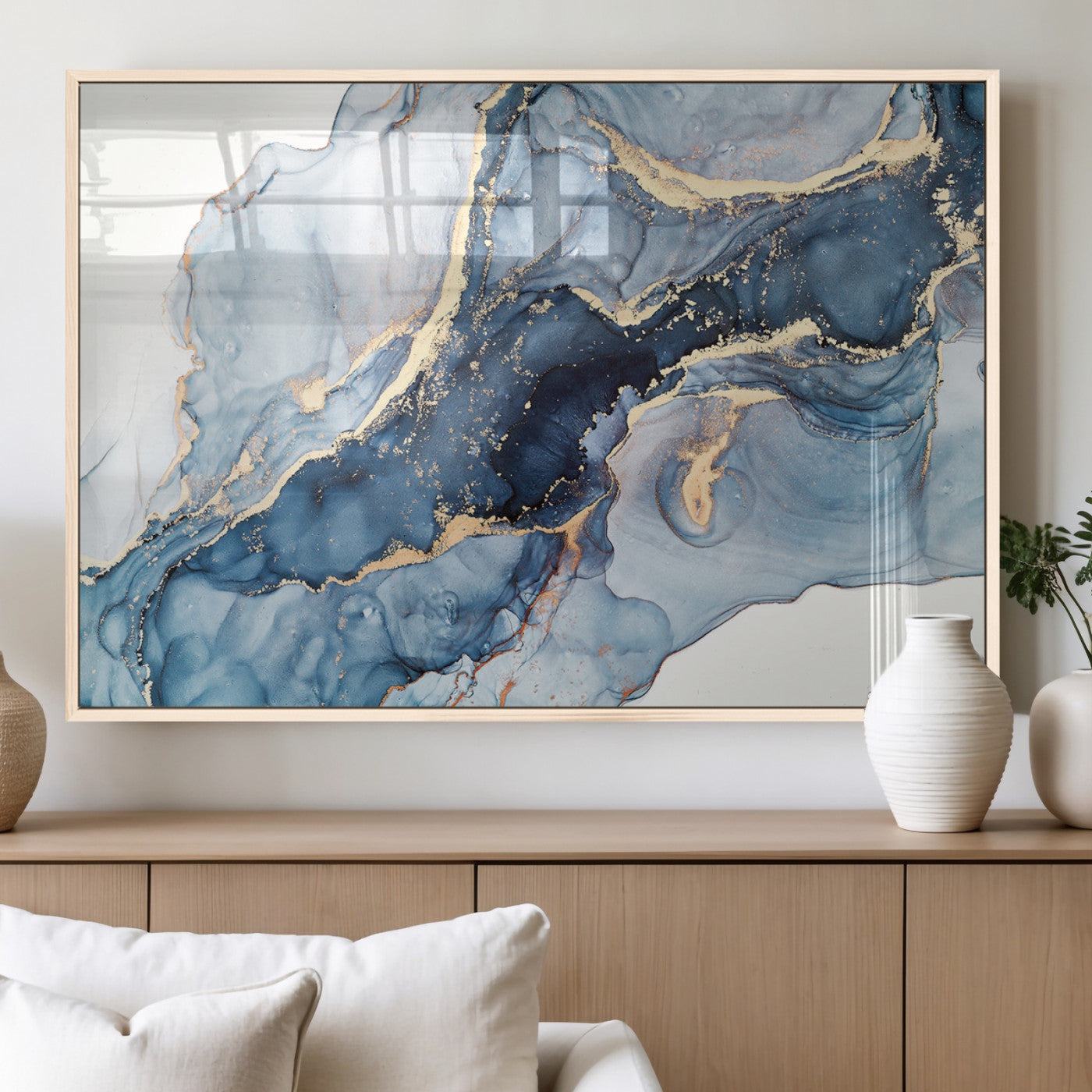 33782-MGV-FP-36X24-3P_Natural-Abstract Marble Wall Art – Blue & Gold Fluid Painting Canvas Print, Modern Home Decor for Living Room, Bedroom or Office