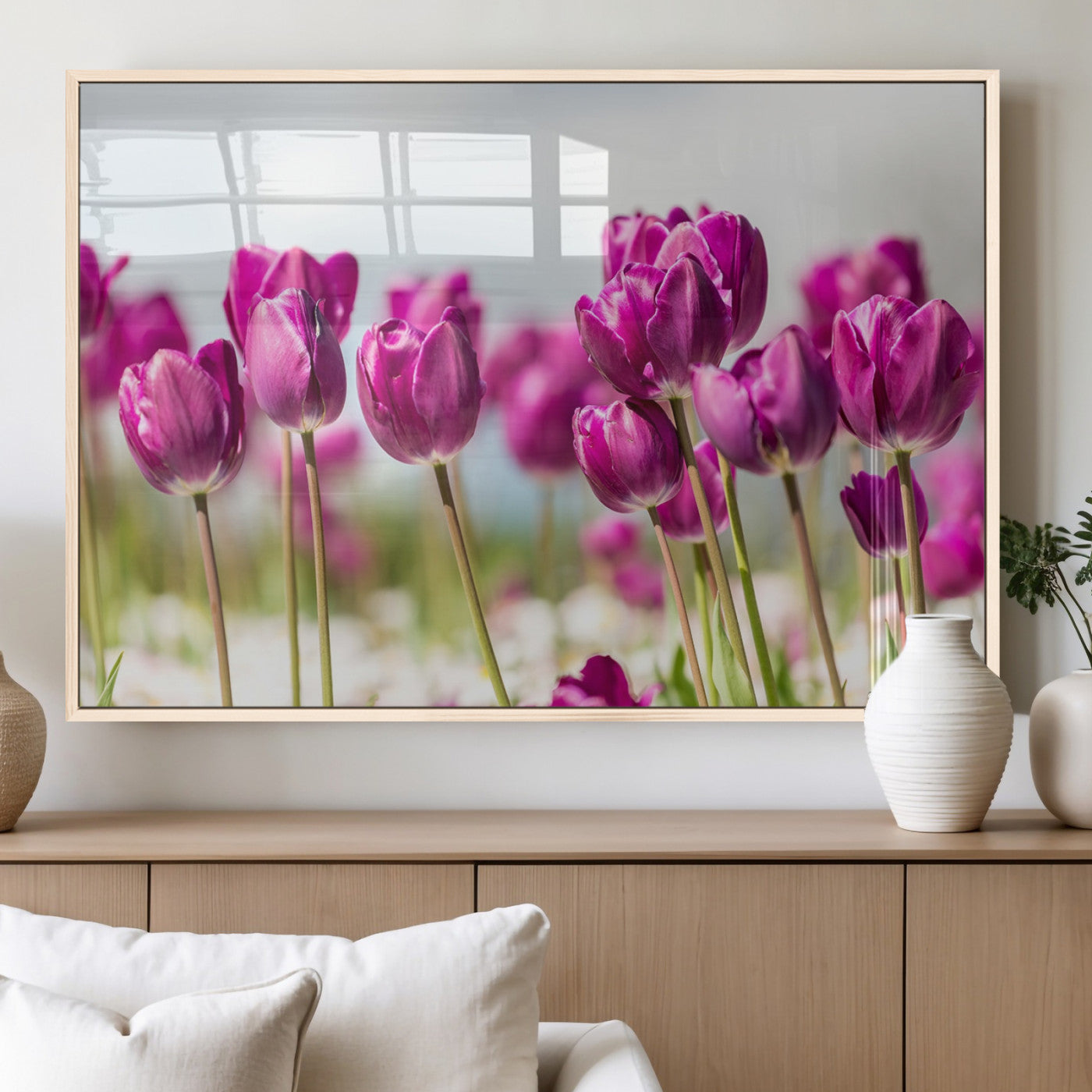 30632-MGV-FP-36X24-3P_Natural-Purple Tulip Field Wall Art – Beautiful Spring Flowers Canvas Print with Soft Focus and Bright Sky, Ideal Floral Decor for Home or