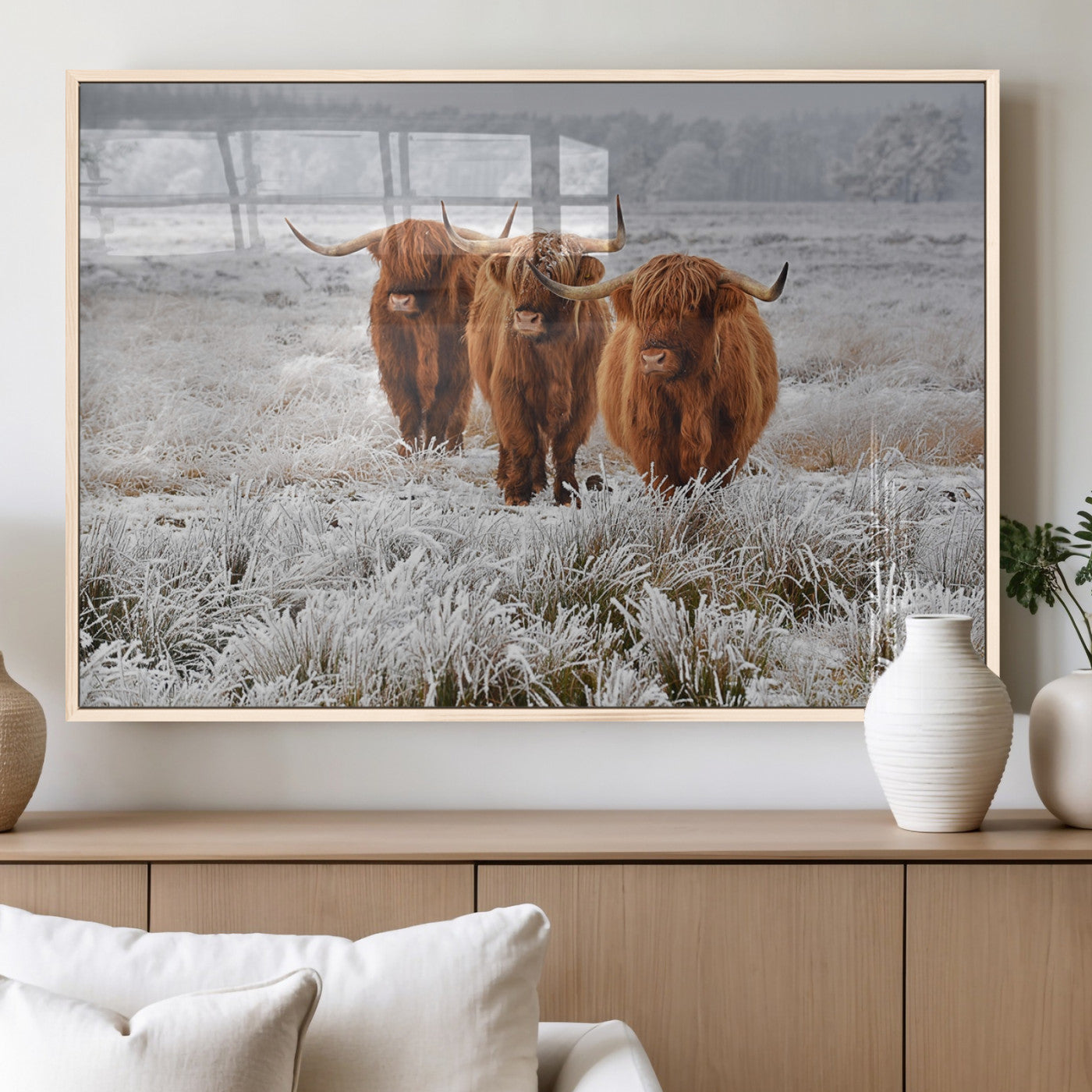 10396-MGV-FP-36X24-3P_Natural-Highland Cattle Wall Art – Rustic Winter Landscape Canvas Print, Farmhouse Decor for Living Room, Office, Cabin or Country Home