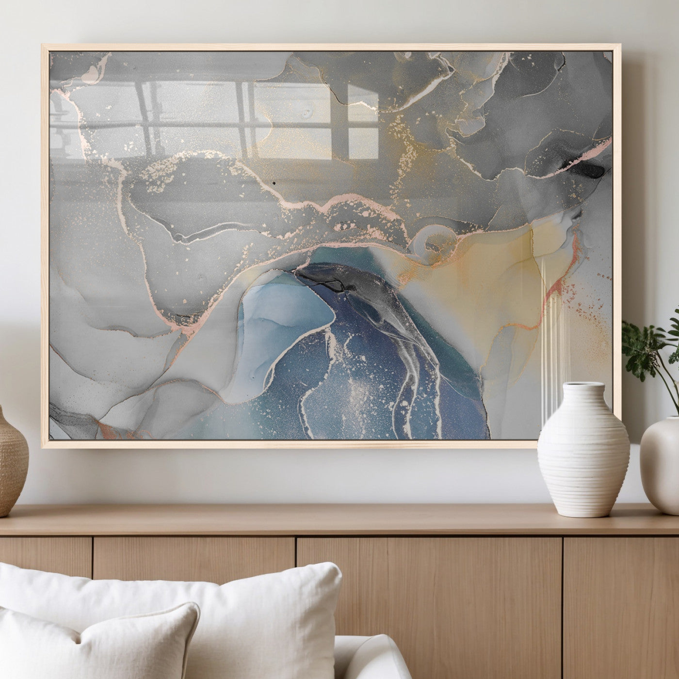 63211-MGV-FP-36X24-3P_Natural-Abstract Fluid Art Wall Decor – Blue, Gray & Gold Canvas Print, Modern Home and Office Wall Art Decor for Living Room, Bedroom or