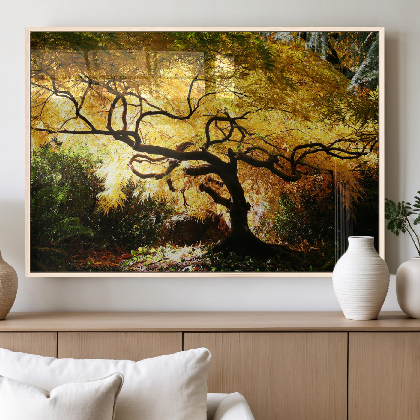19067-MGV-FP-36X24-3P_Natural-Golden Canopy Wall Art – Panoramic Autumn Tree Canvas Print, Warm Seasonal Decor for Living Room, Office or Garden Space