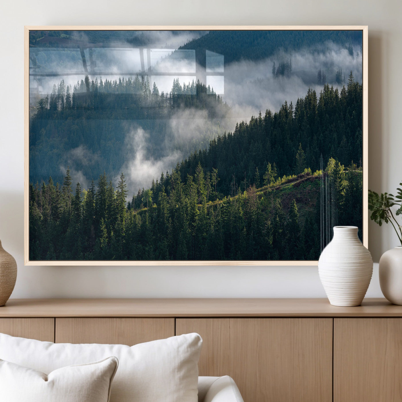 55972-MGV-FP-36X24-3P_Natural-Whispering Pines Wall Art – Panoramic Misty Forest Canvas Print, Serene Nature Decor for Home, Office or Cabin Retreat