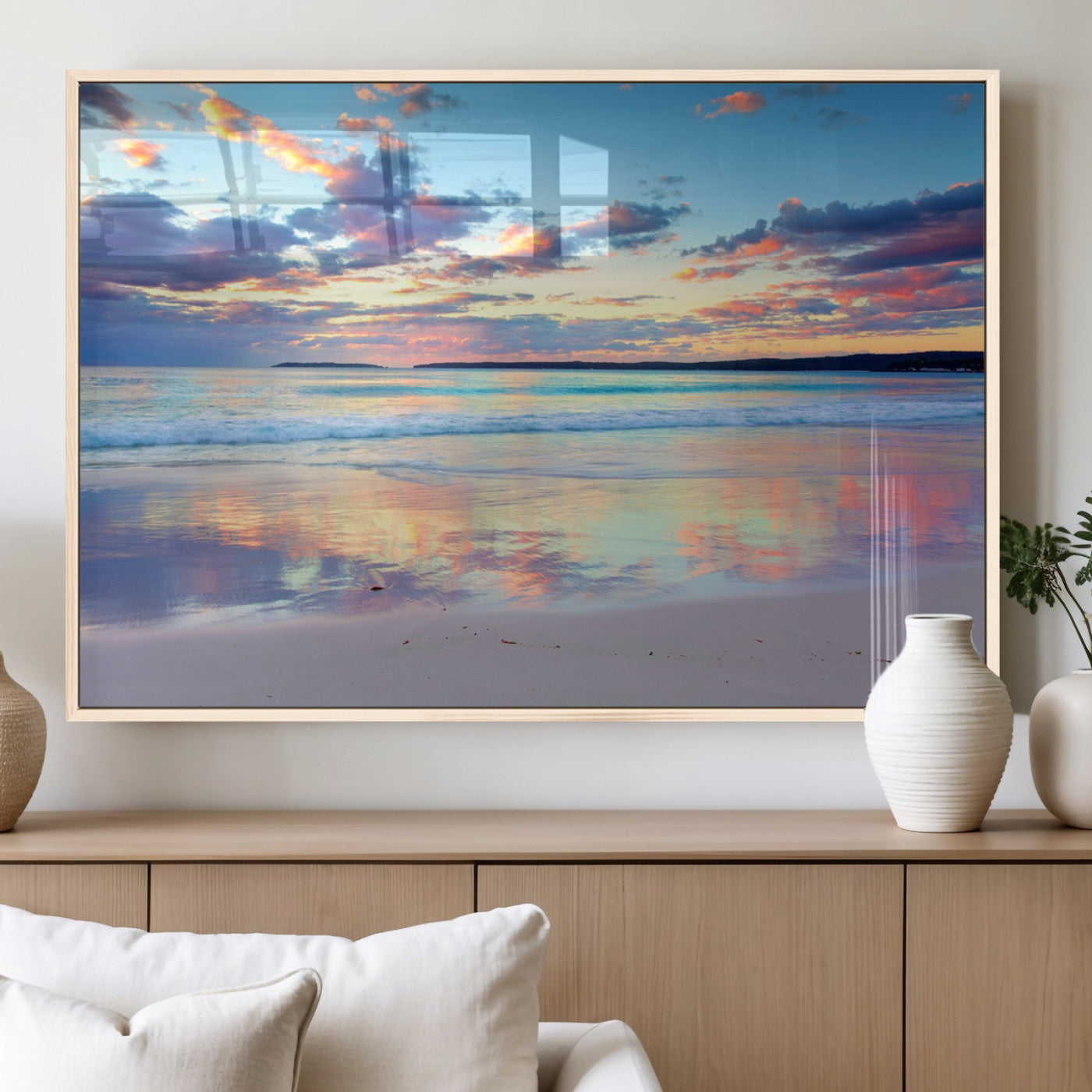 64882-MGV-FP-36X24-3P_Natural-Tranquil Sunset Beach Wall Art – Panoramic Ocean Reflection Canvas Print, Calm Coastal Decor for Bedroom, Living Room or Office