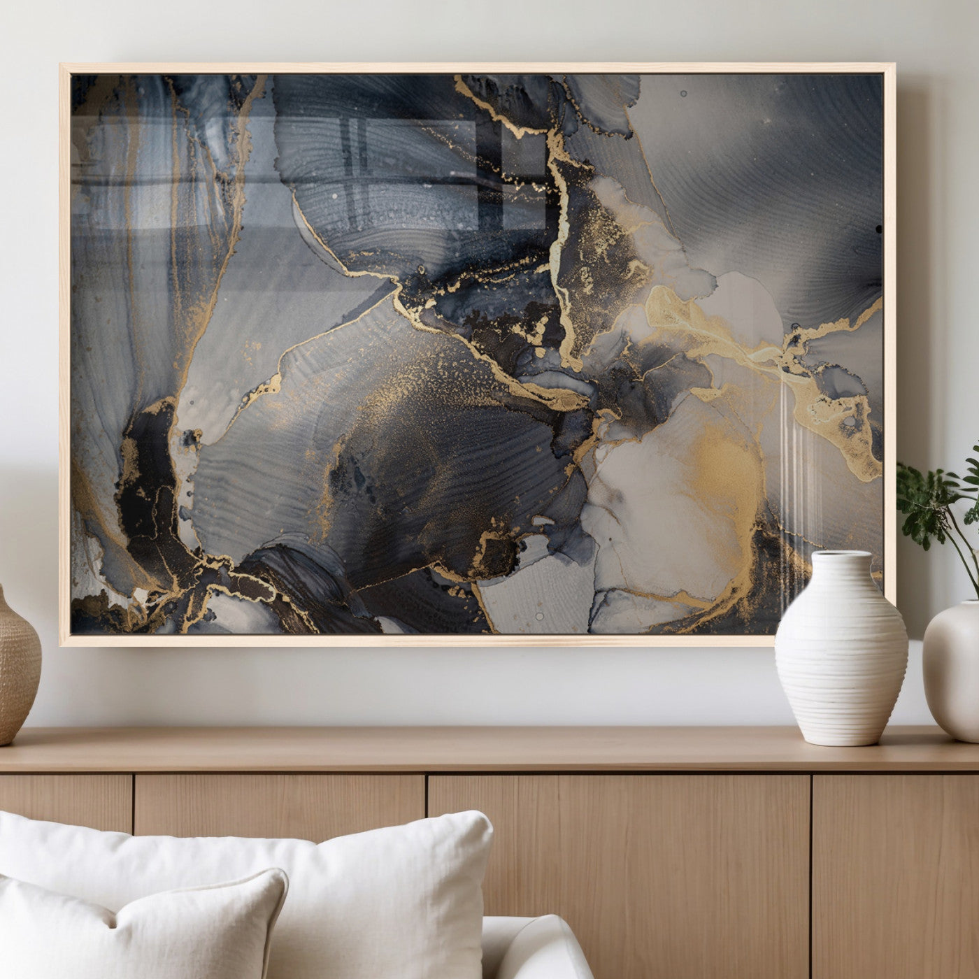 24068-MGV-FP-36X24-3P_Natural-Luxury Abstract Wall Art – Gold & Gray Fluid Ink Painting Canvas, Modern Metallic Home Decor, Elegant Office or Living Room Accent