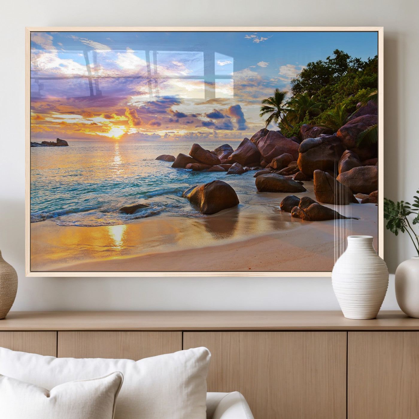43209-MGV-FP-60X30-3P_Natural-Tropical Beach Sunset Wall Art – Golden Ocean Waves and Palm Trees with Rocky Shore Canvas Print, Coastal Seascape Decor for