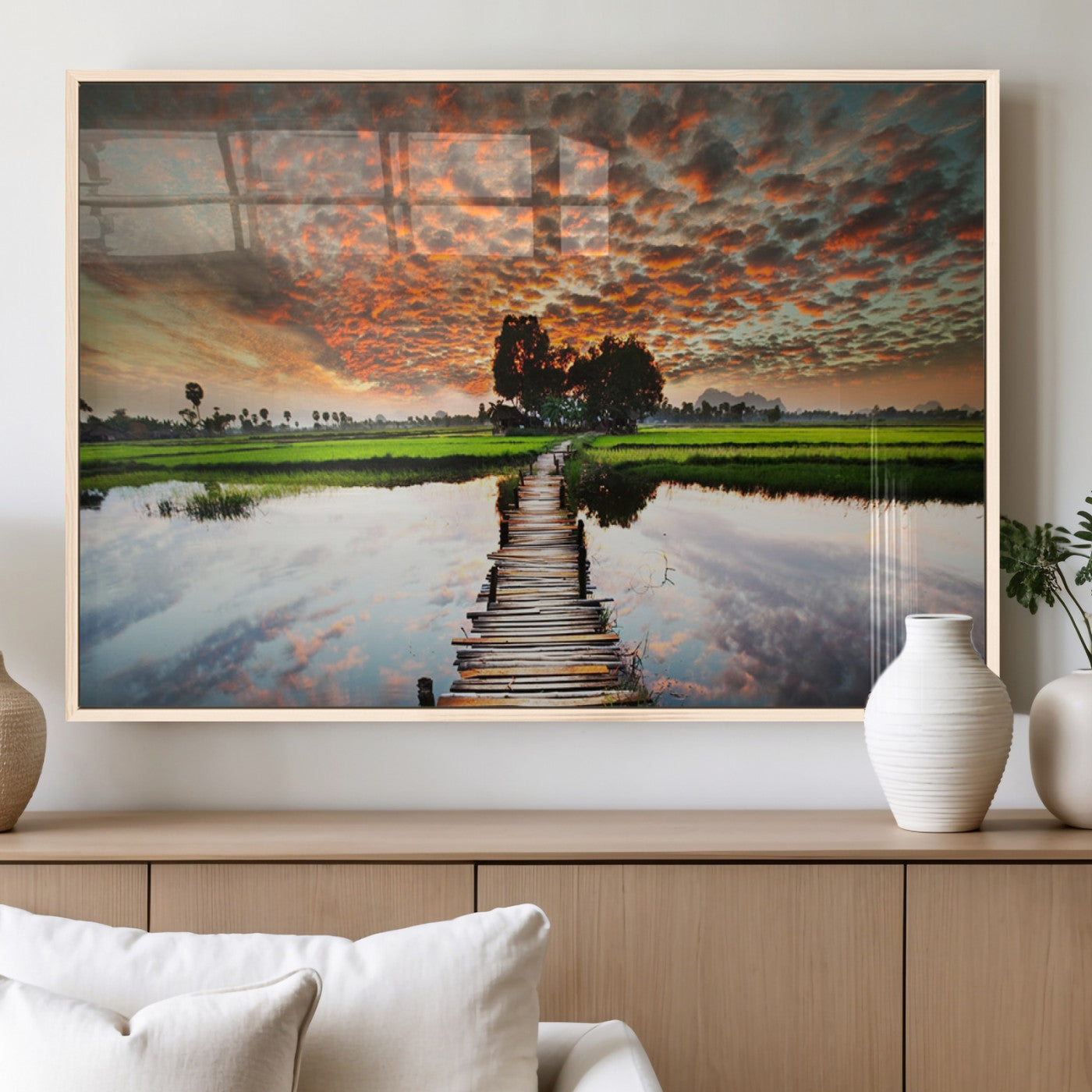 29105-MGV-FP-60X30-3P_Natural-Rustic Wooden Bridge Wall Art – Scenic Sunset Over Rice Fields and Reflective Water Canvas Print, Nature Landscape Decor for