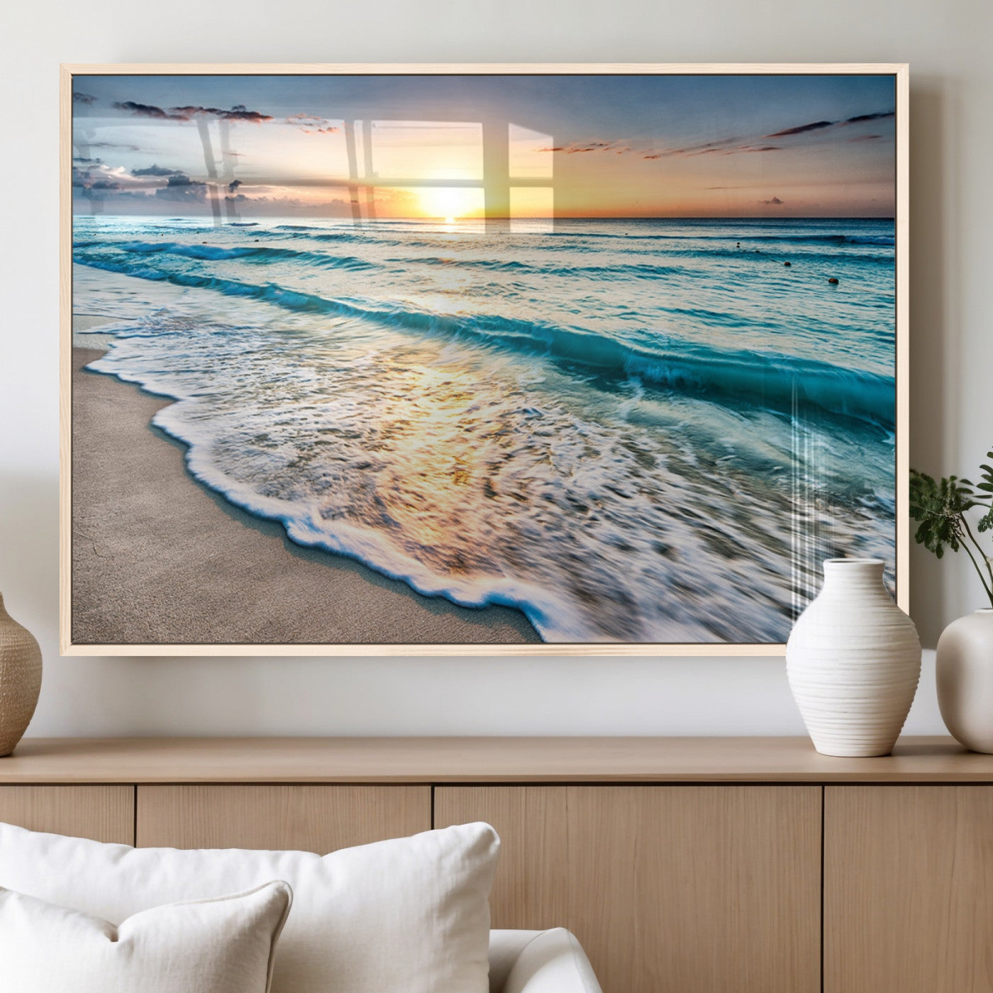 27815-MGV-FP-60X30-3P_Natural-Ocean Sunrise Beach Wall Art – Serene Coastal Canvas Print with Waves and Golden Morning Light, Relaxing Seascape Decor for