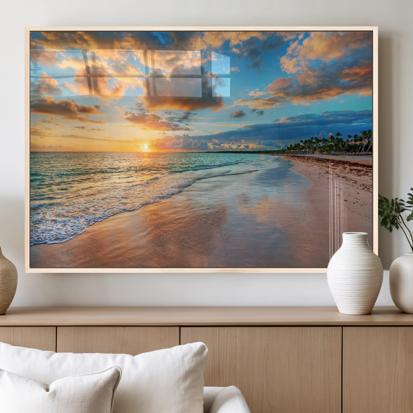 41572-MGV-FP-60X30-3P_Natural-Sunset Beach Wall Art – Ocean Waves and Palm Trees Canvas Print, Tropical Coastal Sunset Seascape Decor for Living Room, Bedroom