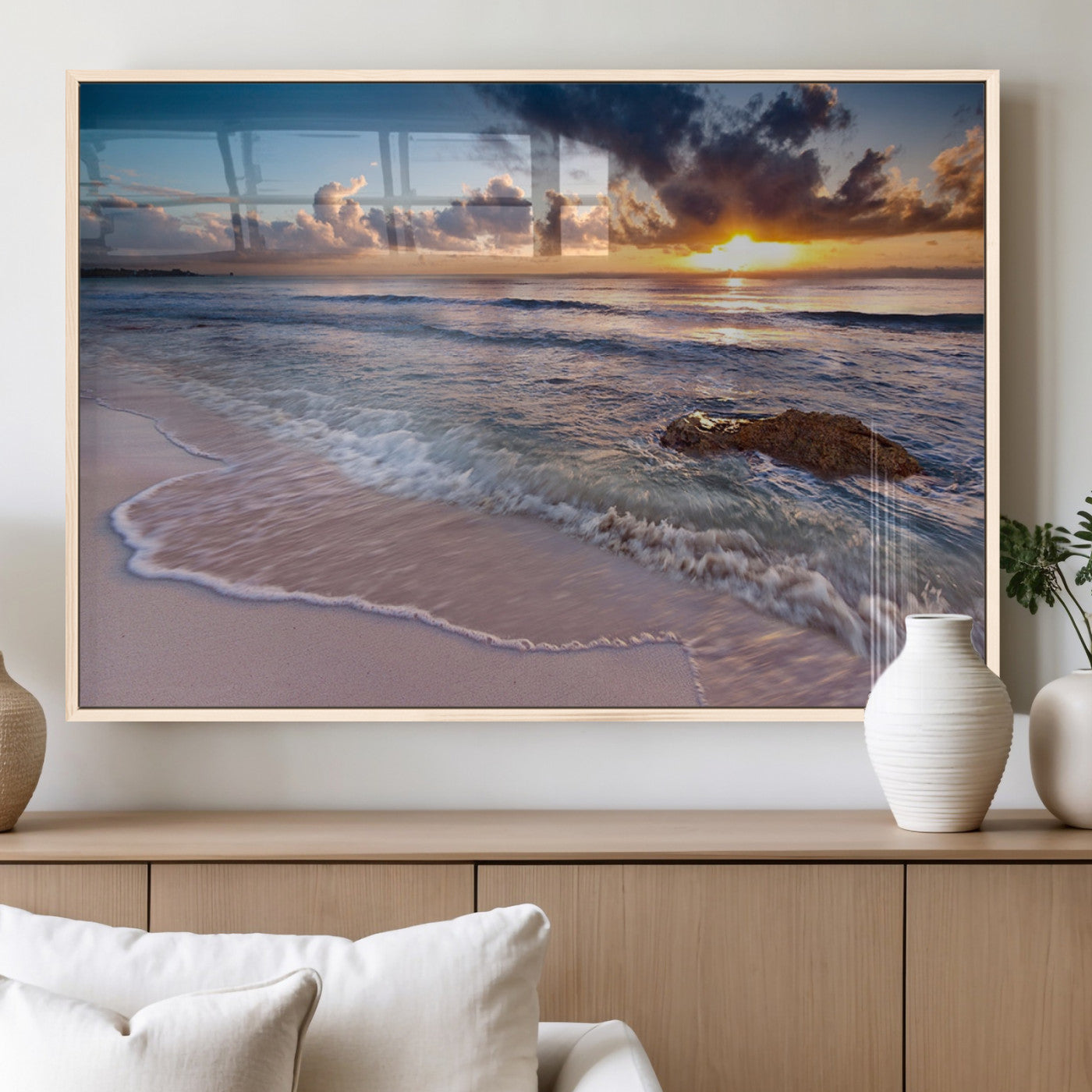 94906-MGV-FP-60X30-3P_Natural-Sunrise Beach Wall Art – Panoramic Ocean Waves Canvas Print, Coastal Sunset Seascape Artwork for Living Room, Bedroom, or Office