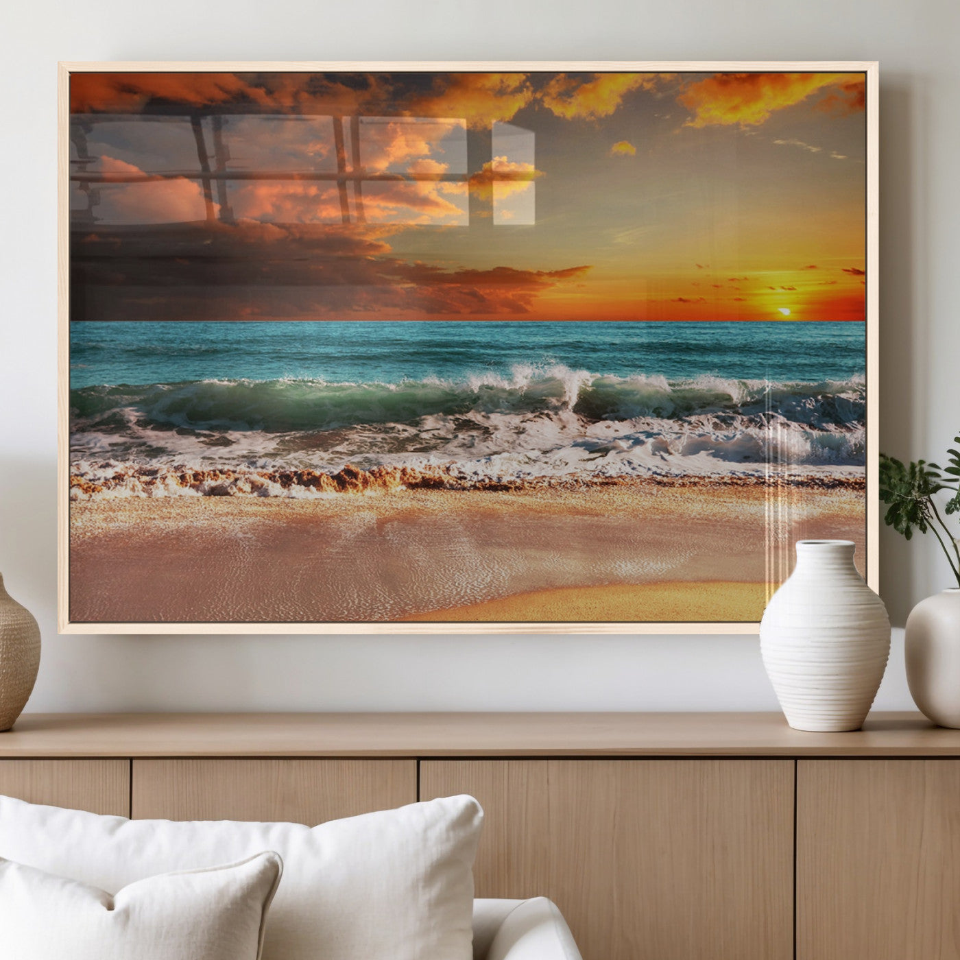 72948-MGV-FP-60X30-3P_Natural-Ocean Sunset Wave Wall Art – Dramatic Seascape Canvas Print with Golden Sky and Crashing Waves, Coastal Beach Decor for Living