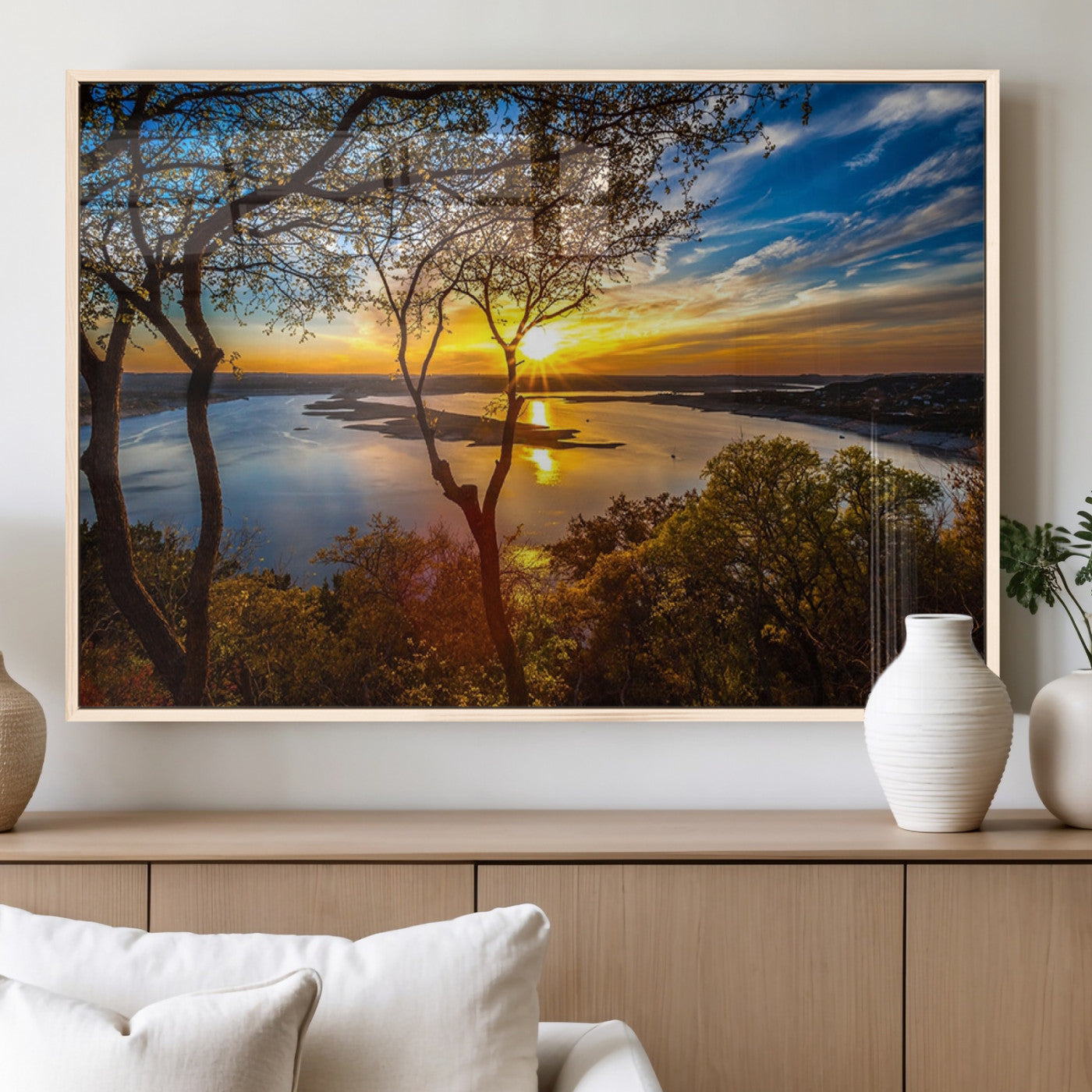 71863-MGV-FP-36X24-3P_Natural-Lake Sunset Wall Art – Scenic Nature Canvas Print with Trees and Golden Sky, Serene Landscape Decor for Living Room, Bedroom or