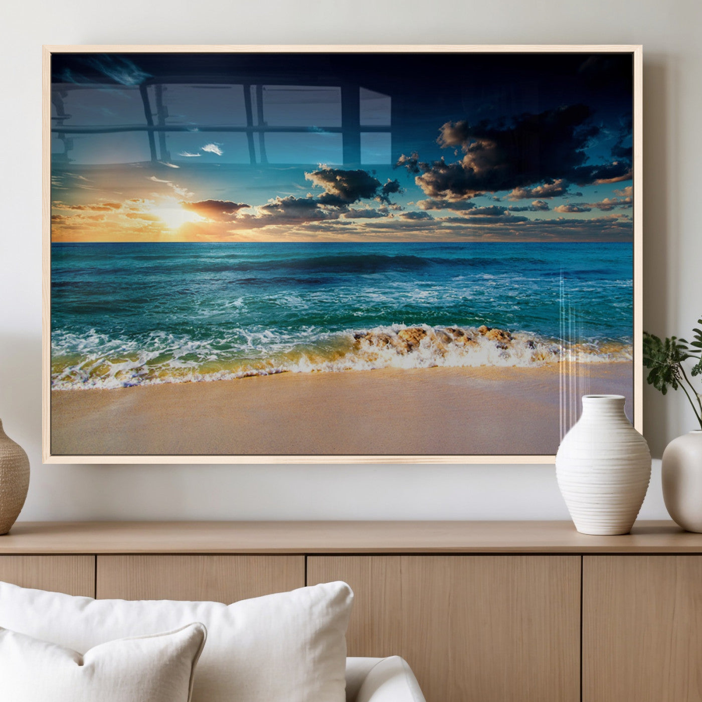 88985-MGV-FP-60X30-3P_Natural-Ocean Sunset Wall Art – Tranquil Beach Waves Canvas Print, Coastal Seascape Decor for Living Room or Office