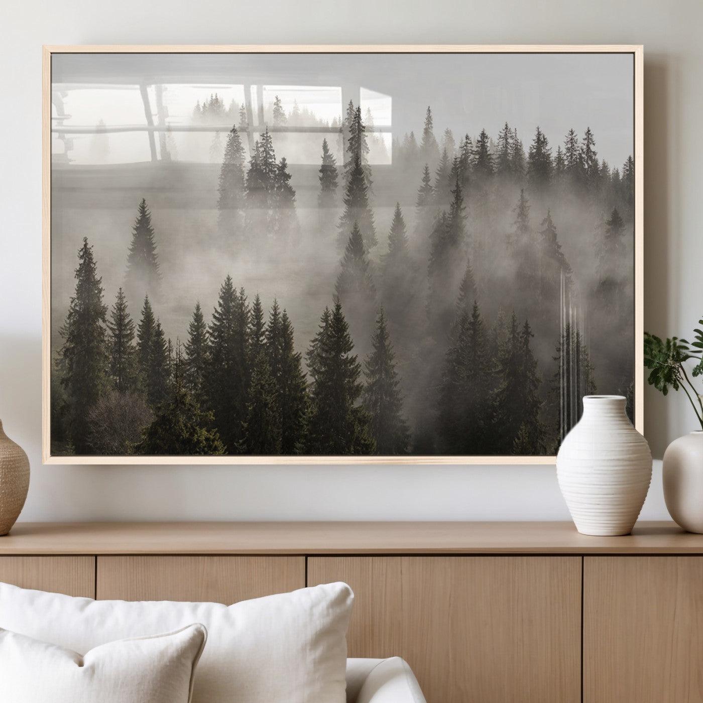 62862-MGV-FP-60X30-3P_Natural-Misty Forest Wall Art – Tranquil Pine Tree Canvas Print with Mountain Fog, Nature Landscape Artwork for Living Room, Bedroom, or