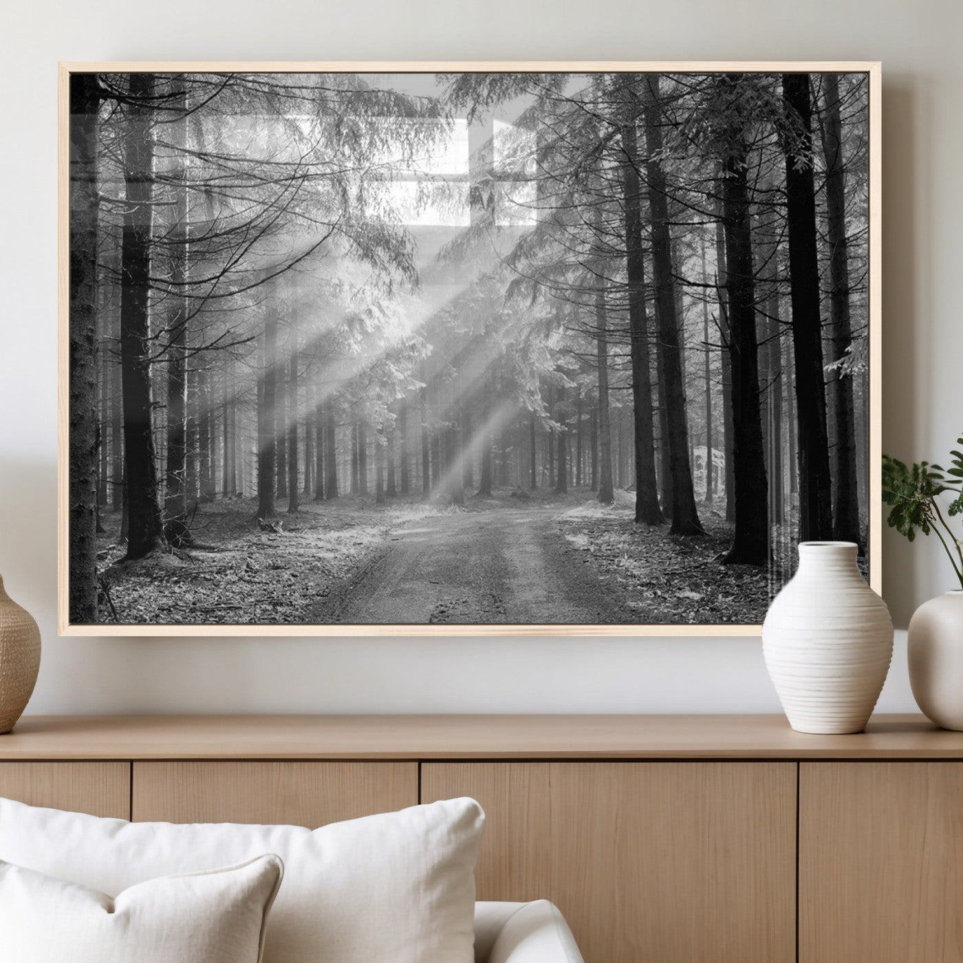 39665-MGV-FP-36X24-3P_Natural-Black and White Forest Path Wall Art – Sunlight Rays in Trees Canvas Print, Nature Landscape Decor for Living Room or Office