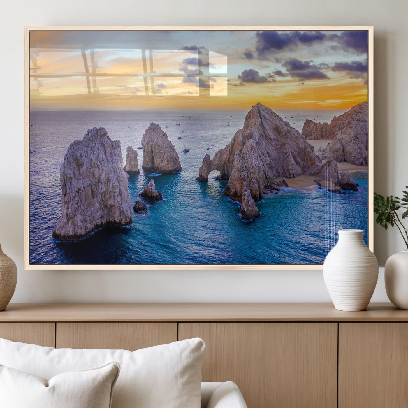 72955-MGV-FP-60X30-3P_Natural-Ocean Rock Formation Wall Art – Sunset Coastal Seascape Print, Beach Landscape Decor for Living Room or Office