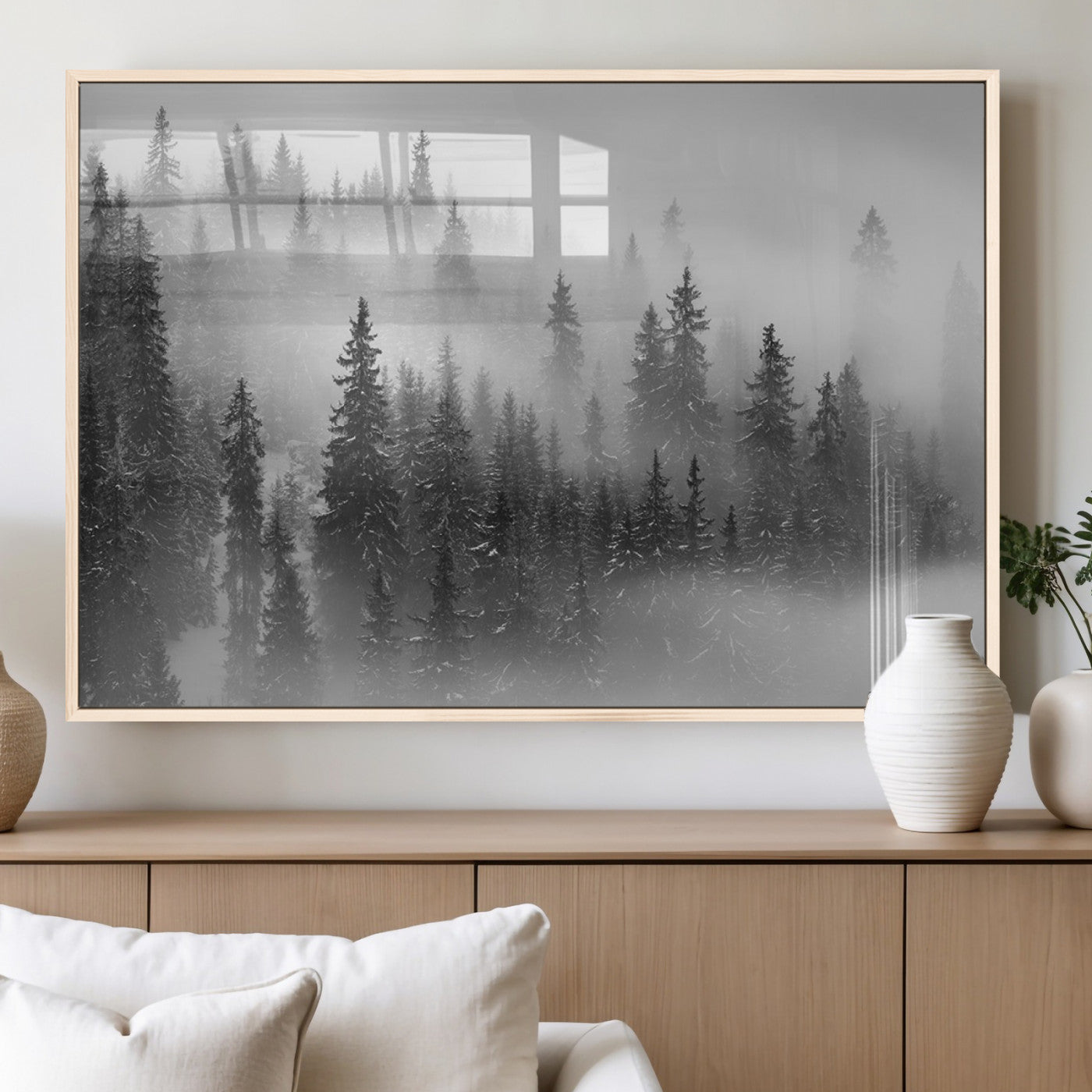 57235-MGV-FP-36X24-3P_Natural-Misty Pine Forest Wall Art – Black and White Mountain Landscape Canvas Print, Nature Woodland Decor for Living Room, Bedroom or