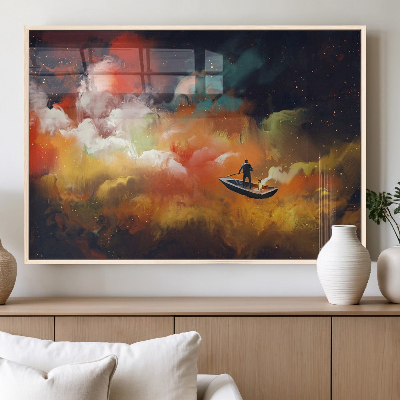 45085-MGV-FP-36X24-3P_Natural-Surreal Cosmic Wall Art – Abstract Galaxy Dreamscape Canvas Print with Man and Dog in Boat, Fantasy Nebula Painting for Living