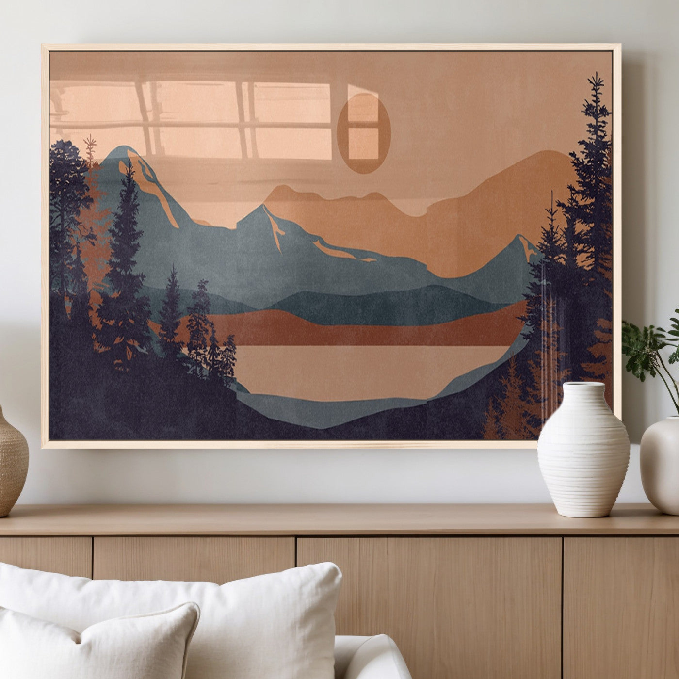 62795-MGV-FP-36X24-3P_Natural-Minimalist Mountain Landscape Wall Art – Abstract Sunset Over Peaks and Pine Trees Canvas Print, Modern Nature Decor for Living