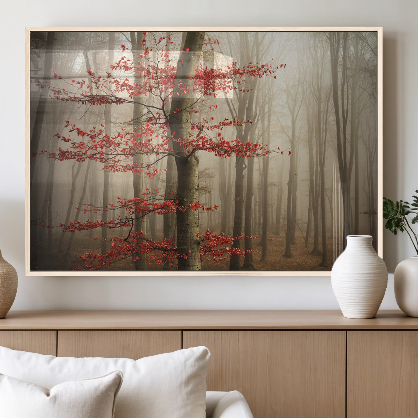 61855-MGV-FP-60X30-3P_Natural-Misty Forest Wall Art – Red Tree with Autumn Leaves Canvas Print, Moody Woodland Nature Decor for Living Room, Bedroom, or Office